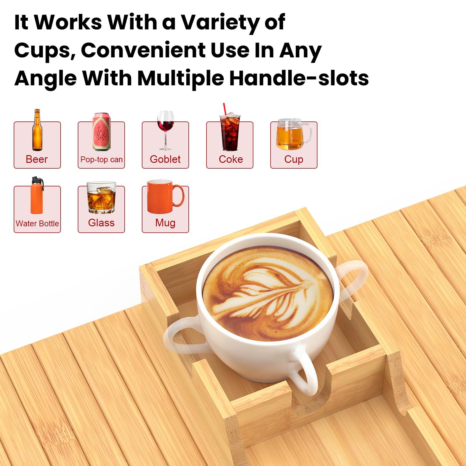 Bamboo Sofa Armrest Tray with Detachable Cup Holder - 2-in-1 Foldable Couch Table for Drinks, Snacks & Remote Control - Non-Slip Design for Living Room, Bedroom & Office Use