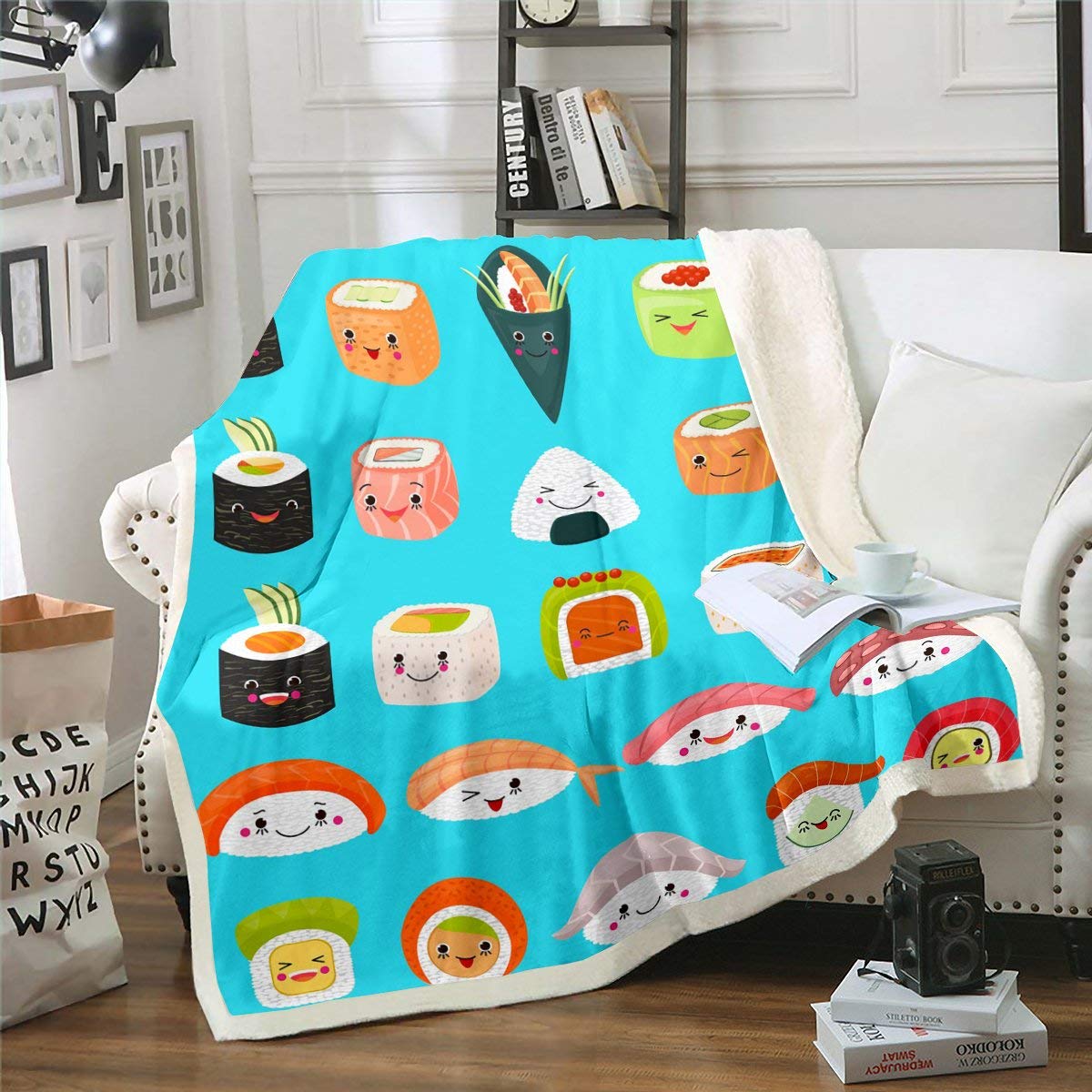 Erosebridal Toddler Sherpa Blanket - Cartoon Sushi Print Fuzzy Throw Blanket for Kids, Boys & Girls | Japanese Fast Food Themed Flannel Blanket for Bedroom, Dorm Decor | Cozy & Warm for Nap Time, Movie Nights (Blue)