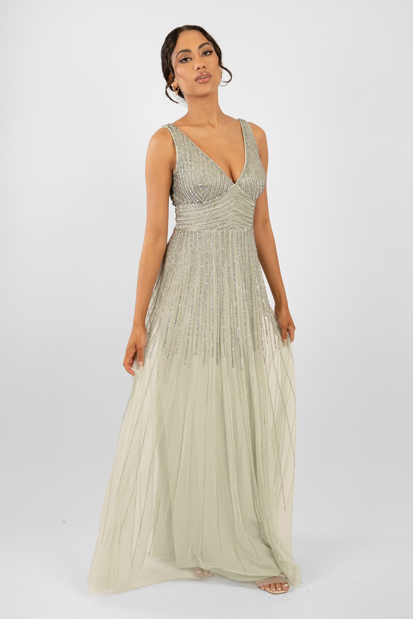 Lorelai Sage Green Embellished Maxi Dress for Women - Elegant Long Flowy Dress with Beaded Details - Perfect for Weddings, Parties & Special Occasions