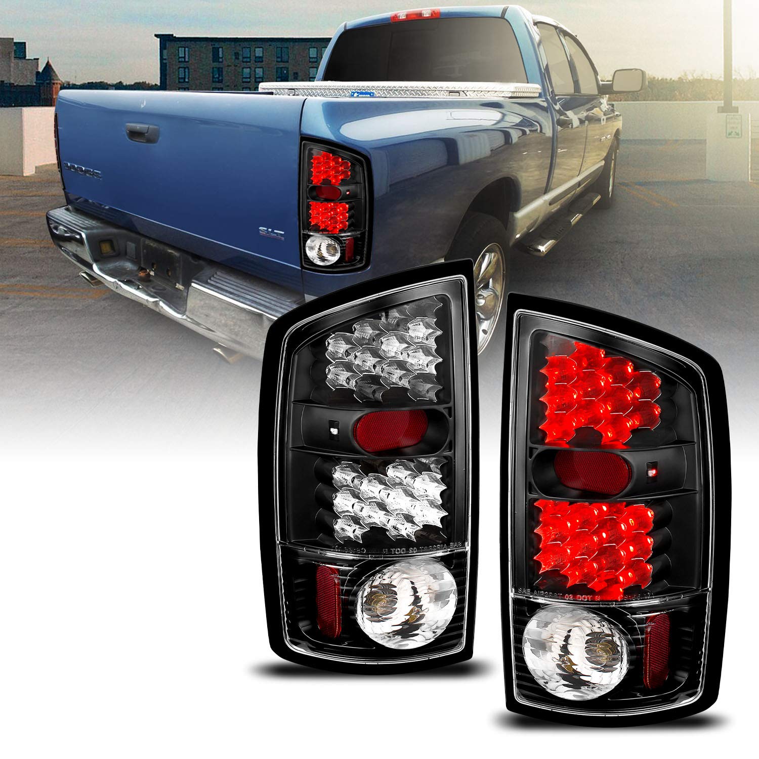 AmeriLite Black LED Tail Lights for Dodge Ram - Left & Right Side Pair - Durable, Bright & Waterproof - Perfect for Night Driving & Off-Road Adventures