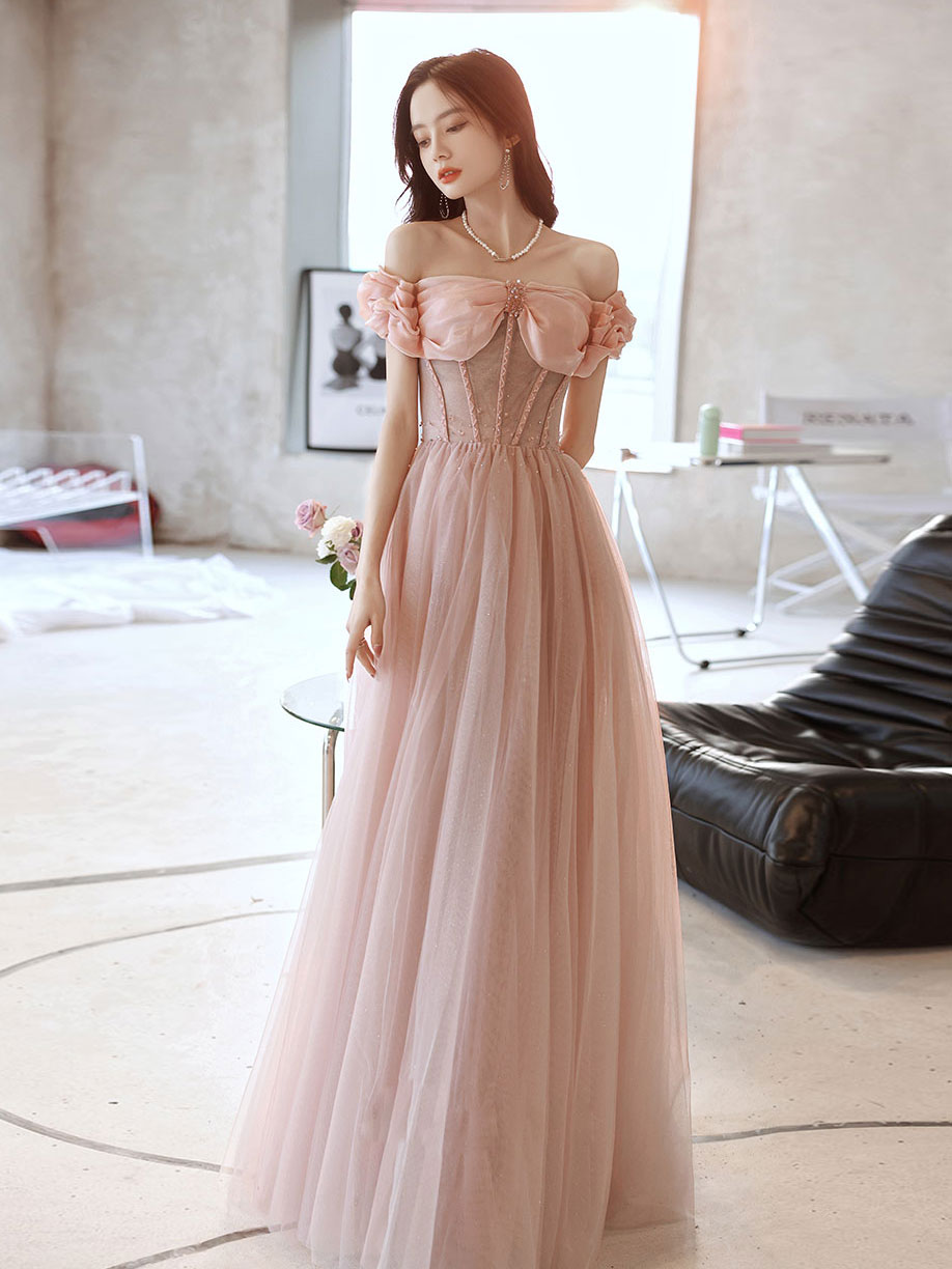 Elegant Pink Sweetheart Neckline Tulle Beaded Long Prom Dress - Formal Evening Gown for Homecoming, Wedding, Ball & Special Occasions
