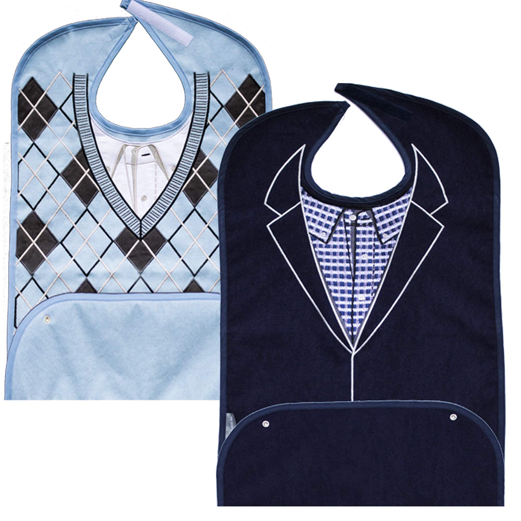 **Men's Waterproof Reusable Terry Cloth Adult Bibs - Senior Eating Clothing Protector with Embroidered Design, Crumb Catcher (Navy Blazer + Argyle Sweater) - Ideal for Dining, Elderly Care & Mealtime Mess Prevention**