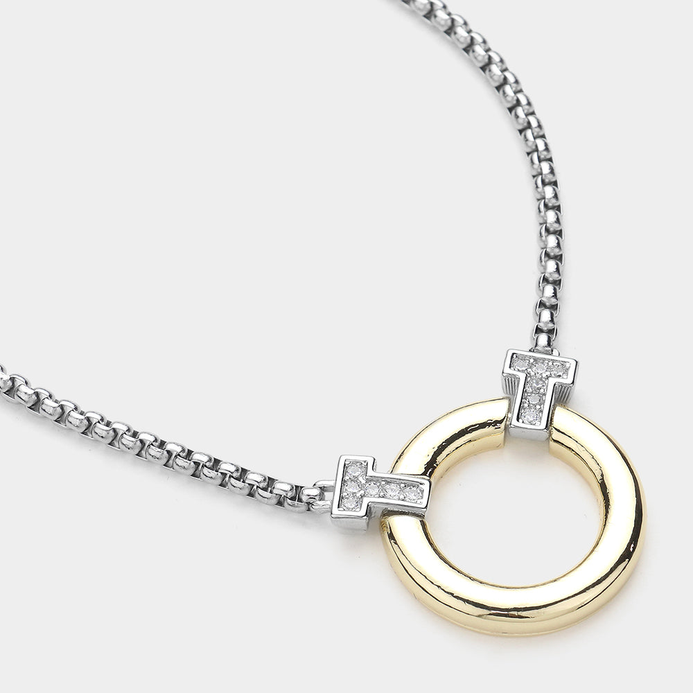 14K Gold Plated Two Tone CZ Stone Paved Pointed Circle Pendant Necklace for Women - Elegant Layering Jewelry Gift for Birthday, Anniversary & Valentine's Day