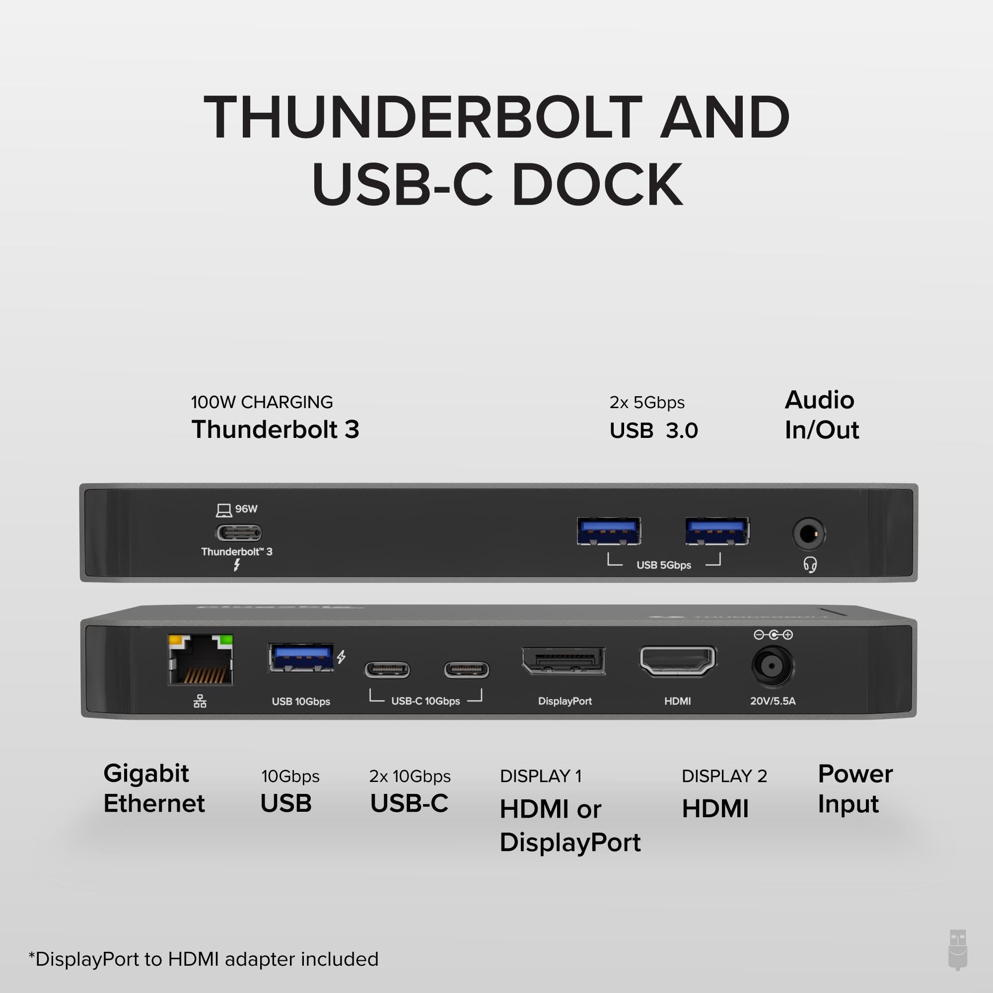 Plugable Thunderbolt 3 & USB C Docking Station with 96W Charging - Dual Monitor Dock for MacBook Pro/Air & Windows Laptops - 4K HDMI & DisplayPort, 5 USB Ports, Gigabit Ethernet, Audio Jack - Perfect for Home Office & Remote Work Setup