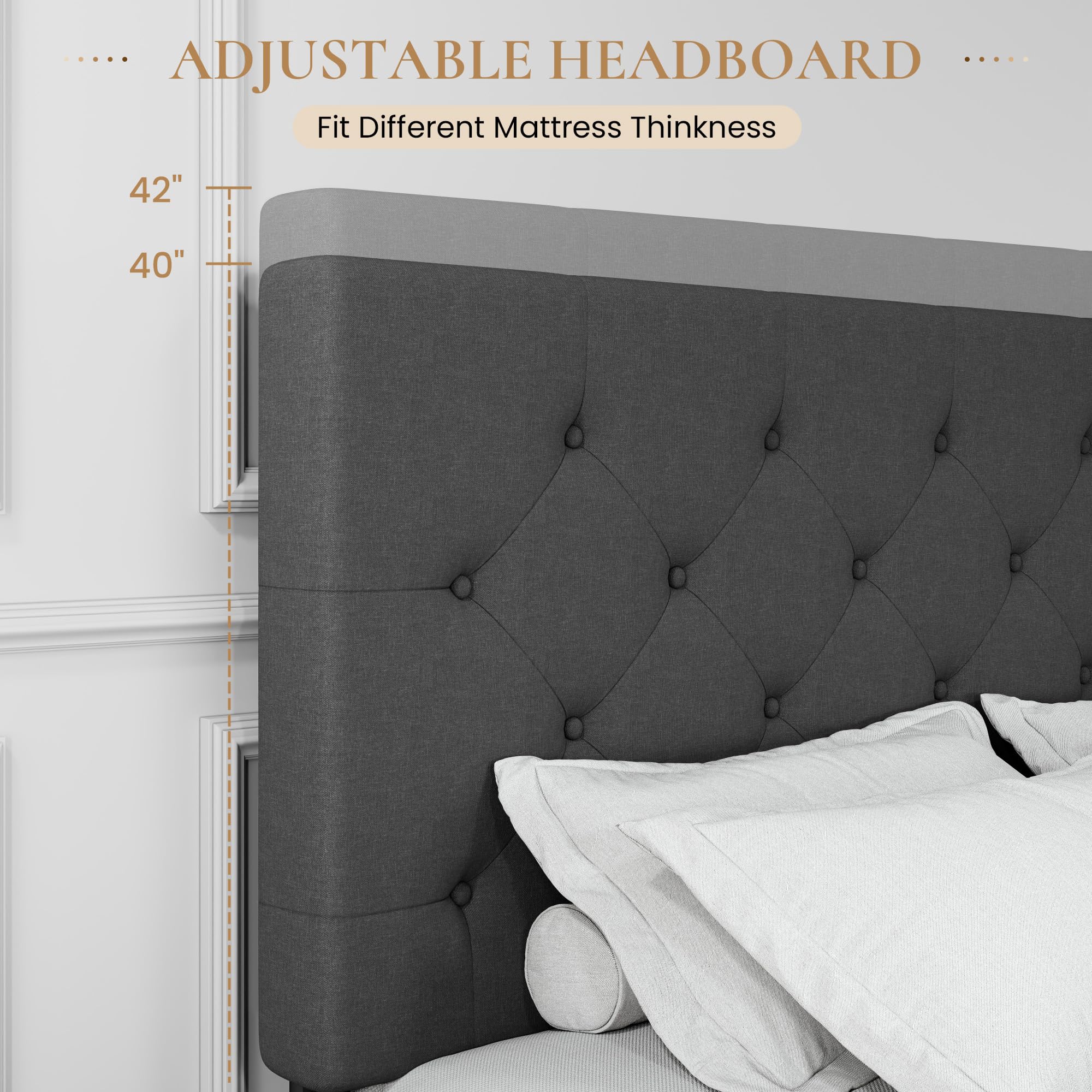 SHA CERLIN Upholstered Queen Size Platform Bed Frame with 4 Storage Drawers - Adjustable Diamond Stitched Headboard, Wooden Slat Support, No Box Spring Needed - Dark Grey Modern Bedroom Furniture for Small Space & Storage Solutions