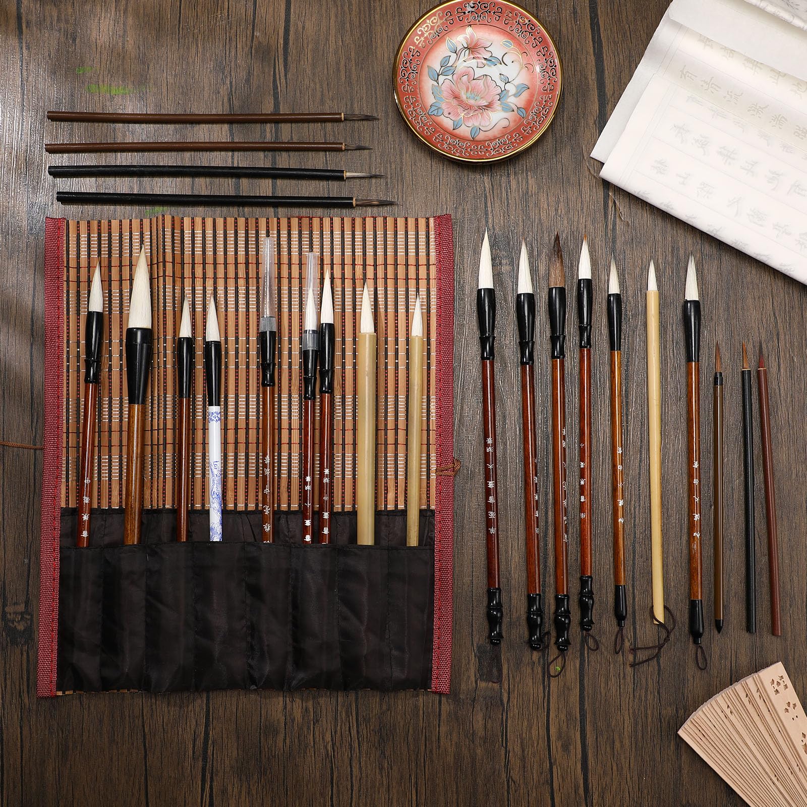 48 Pcs Chinese Calligraphy Brush Set - Watercolor & Sumi Painting Brushes with Bamboo Roll-up Holder - Ideal for Kanji, Japanese Calligraphy, Watercolor Art, Drawing & Painting - Perfect for Artists, Students & DIY Craft Projects