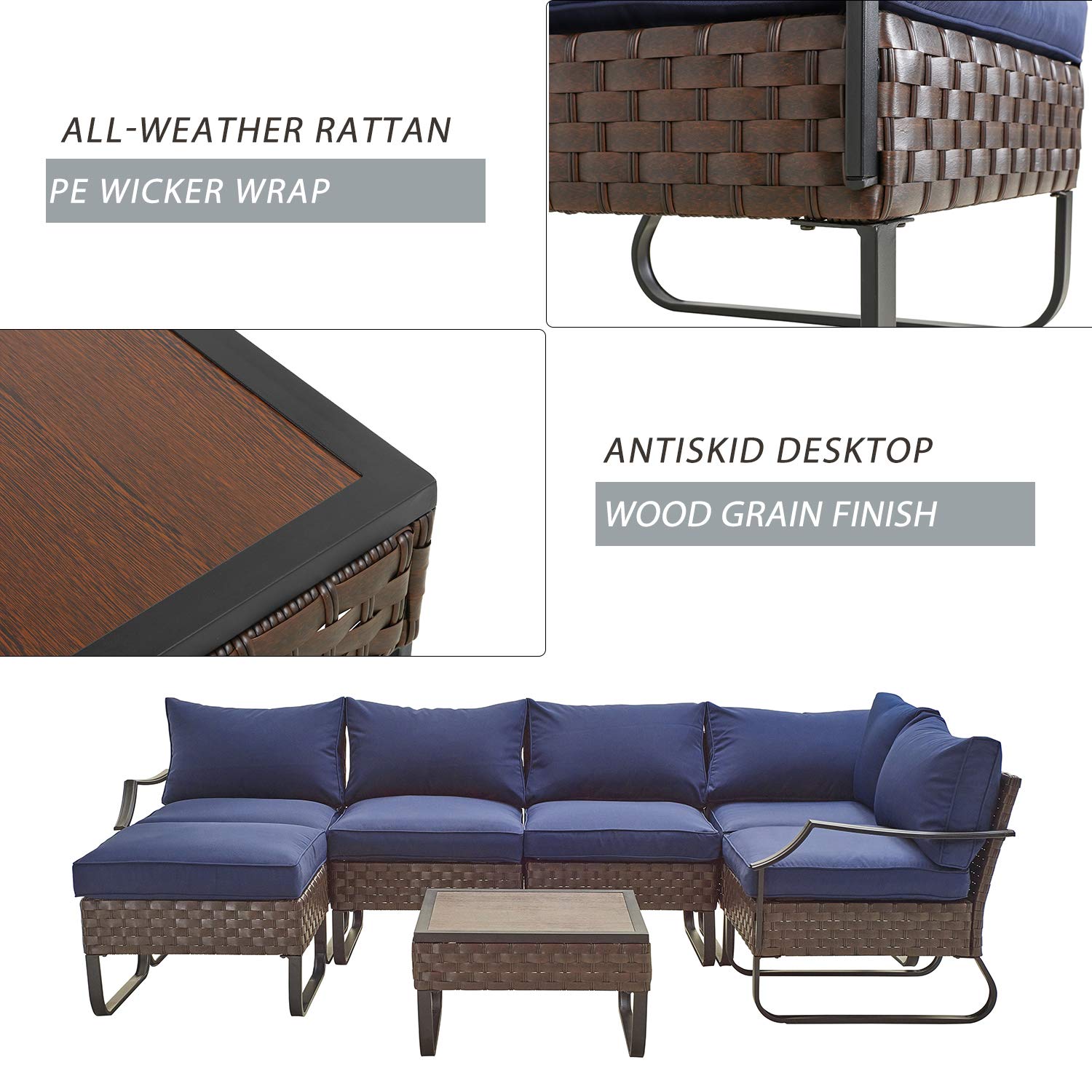 7-Piece Outdoor Patio Furniture Set - All-Weather Wicker Conversation Sofa with Coffee Table & Removable Cushions (Blue) - Perfect for Backyard, Garden, Poolside and Deck Relaxation