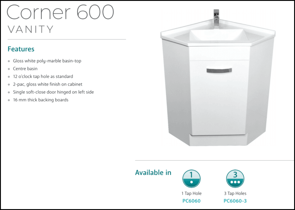 Fienza Corner 600 PC6060 White Vanity Unit with Sink - Modern Bathroom Vanity Set for Small Spaces, Perfect for Apartments and Powder Rooms
