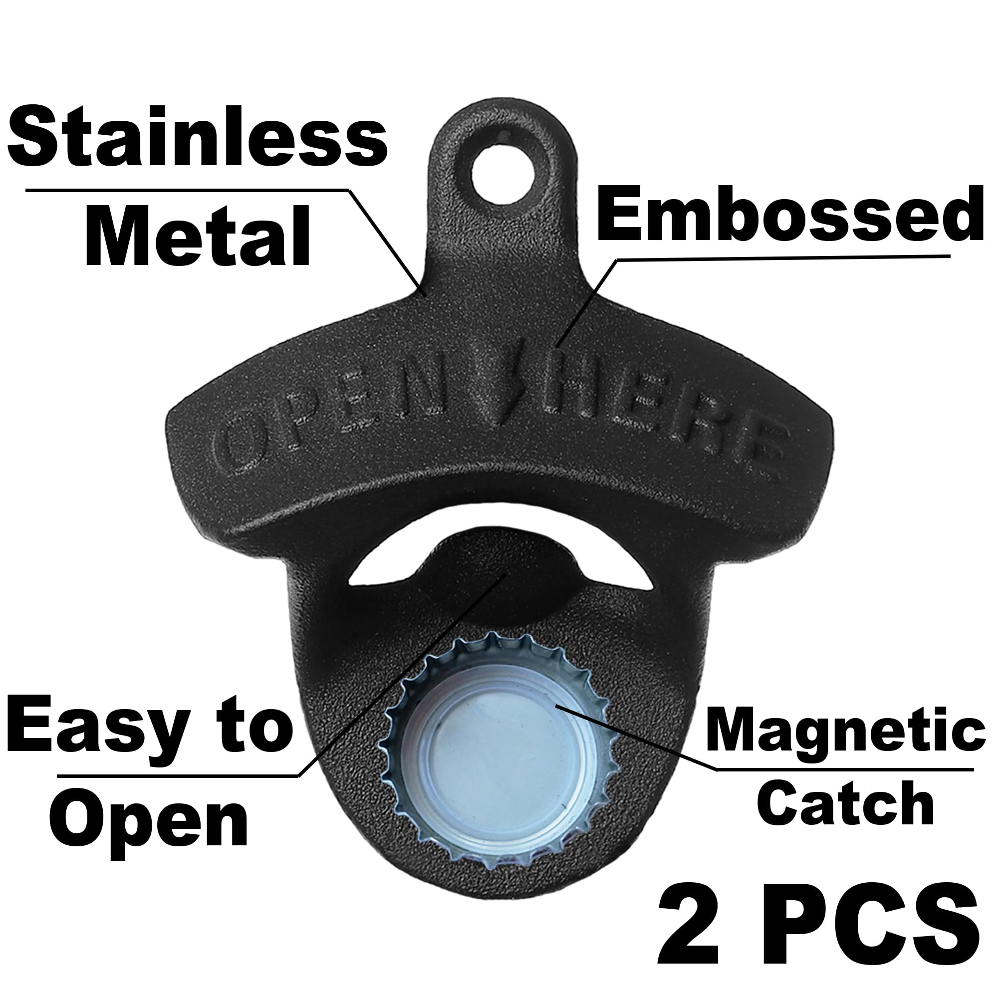 **Black Magnetic Wall Mount Beer Bottle Opener - Built-in Magnets to Catch Caps - Rustproof & Durable (Pack of 2) - Perfect for Bars, Kitchens, and Outdoor BBQs**