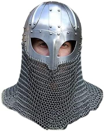 Viking Helmet Battle Armor - 18G Steel Chainmail Mask with Silver Finish | Rustic Norse Warrior Costume Accessory | Medieval Cosplay, Halloween Costume, Home Decor & Unique Gift Idea