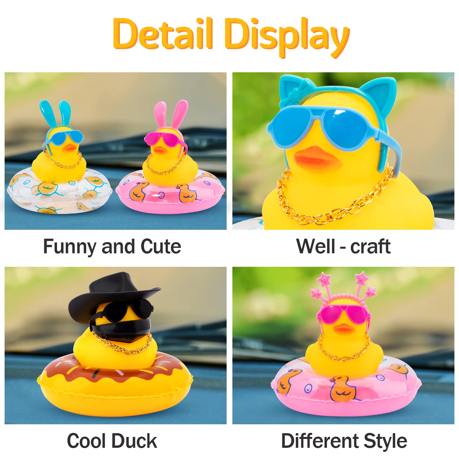 Wonuu Cute Rubber Duck Car Ornament - Blue Hat & Sunglasses - Dashboard Decor with Headband, Swim Ring & Necklace - Perfect for Car Accessories, Gifts & Fun Decoration