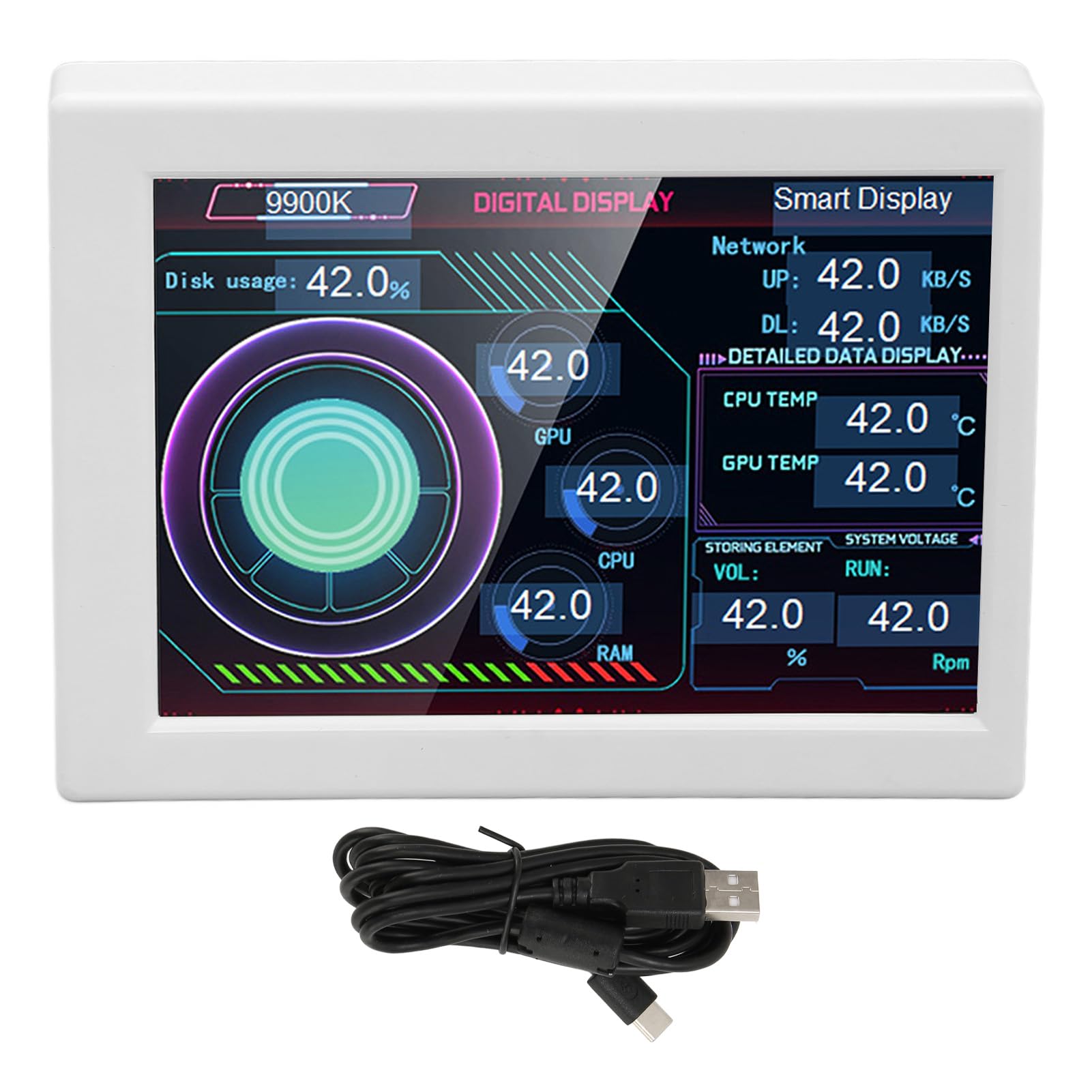 3.5 Inch IPS USB-C PC Temperature Monitor with Continuous Dimmer & Rotating Theme Editor - CPU Data Display for Desktop Chassis (White) - Perfect for Gaming Rigs, Workstations & Home Office Setups