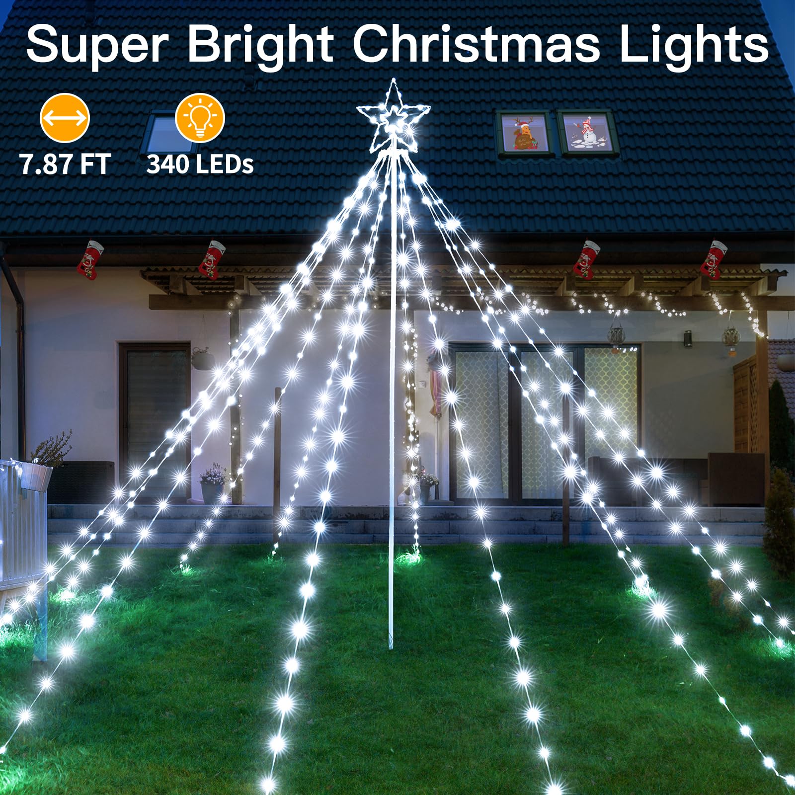 Shineshine 340LED Christmas Tree Lights - IP67 Waterproof Outdoor Holiday Decorations with Star Topper, 8 Lighting Modes & 3 Timers, Dimmable for Yard, Garden, Patio (White) HG-6V222C | Perfect for Christmas, New Year, Winter Decor & Outdoor Parties