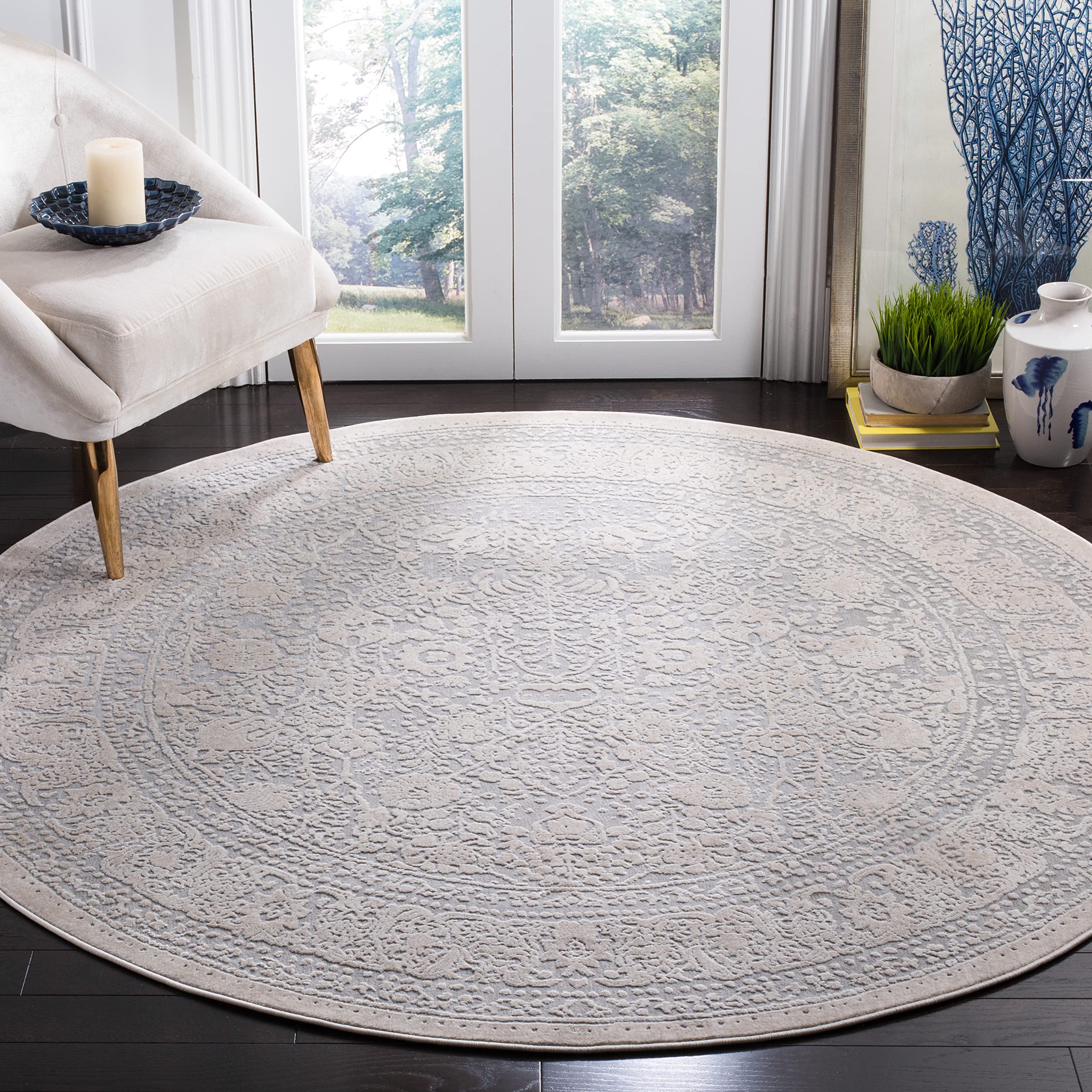 SAFAVIEH Reflection Collection 5' Round Light Grey/Cream Vintage Distressed Area Rug RFT663C - Perfect for Living Room, Bedroom & Boho Home Decor