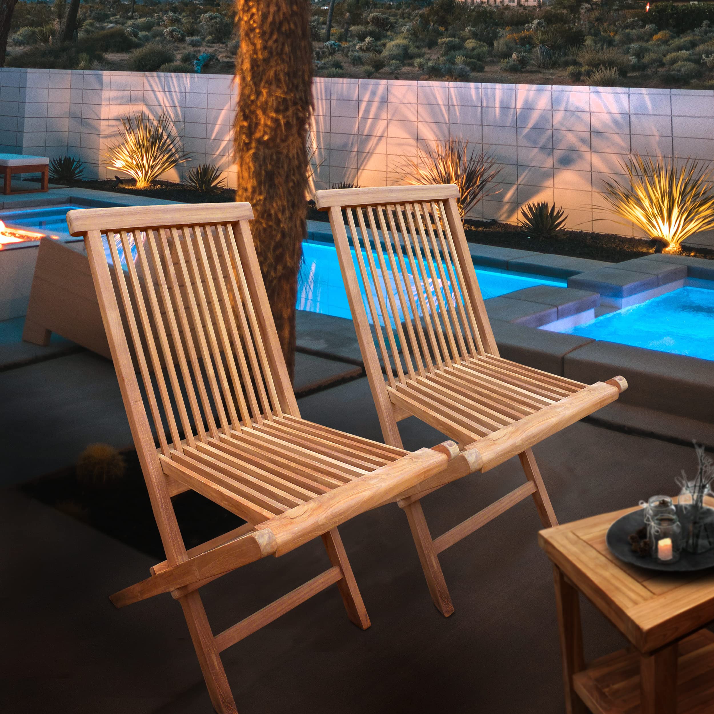 Seven Seas Teak Outdoor Folding Side Chairs (Set of 2) - Solid Teak Wood Patio Furniture for Beach, Poolside & Garden Relaxation