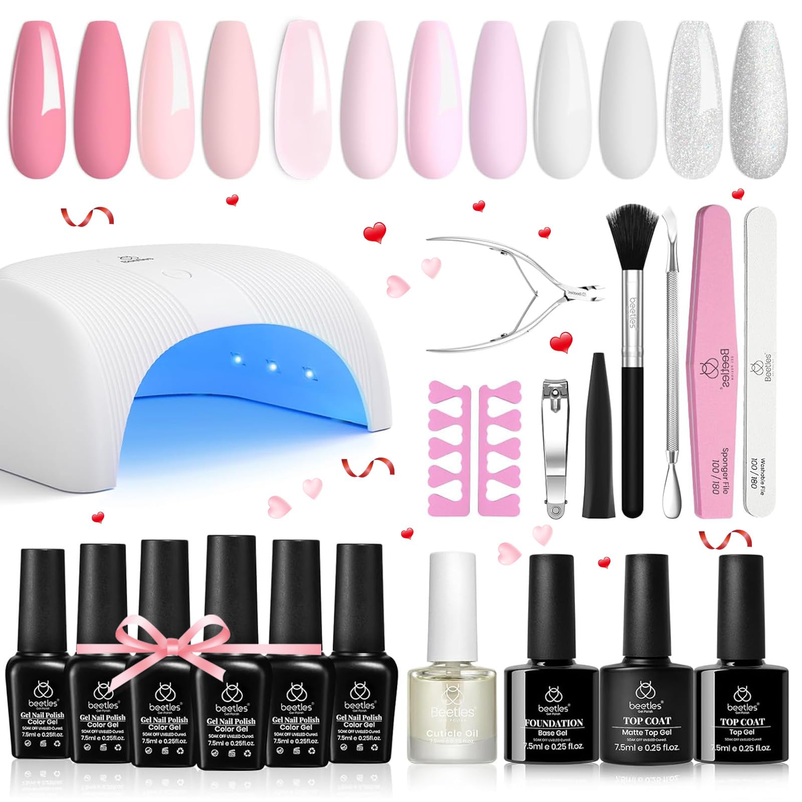 Beetles Gel Nail Polish Kit with UV Light - 6 Colors (Pink, White, Nude & Glitter) + Base Coat, Glossy & Matte Top Coat | Soak Off UV Manicure Set | Perfect Valentine's Gift for Women | DIY Salon-Quality Nails at Home