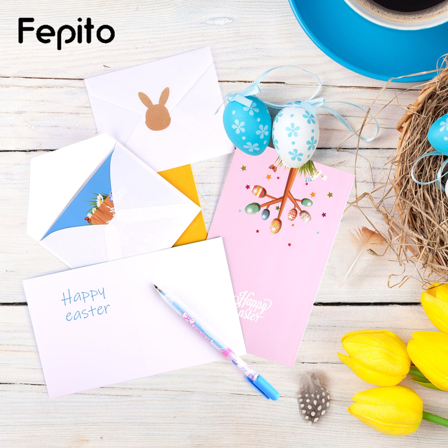 FEPITO 36 Pack Happy Easter Greeting Cards with Envelopes - Bunny Rabbit Egg Design Spring Note Cards for Kids (6 Styles) - Perfect for Easter Celebrations, Classroom Activities & Party Favors