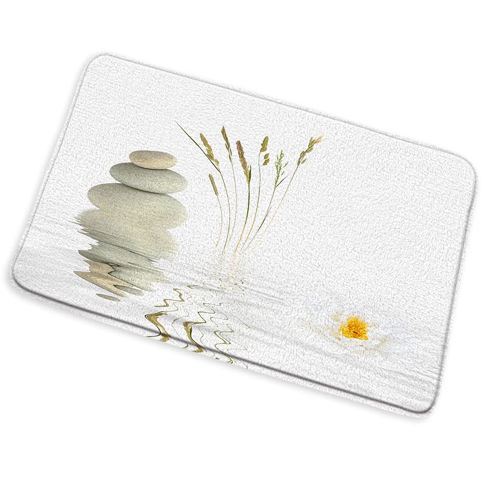 Zen Stone Non-Slip Bath Mat - Flannel Suede Water Absorbent Bathroom Rug with White/Yellow Floral Garden Spa Design (17.71