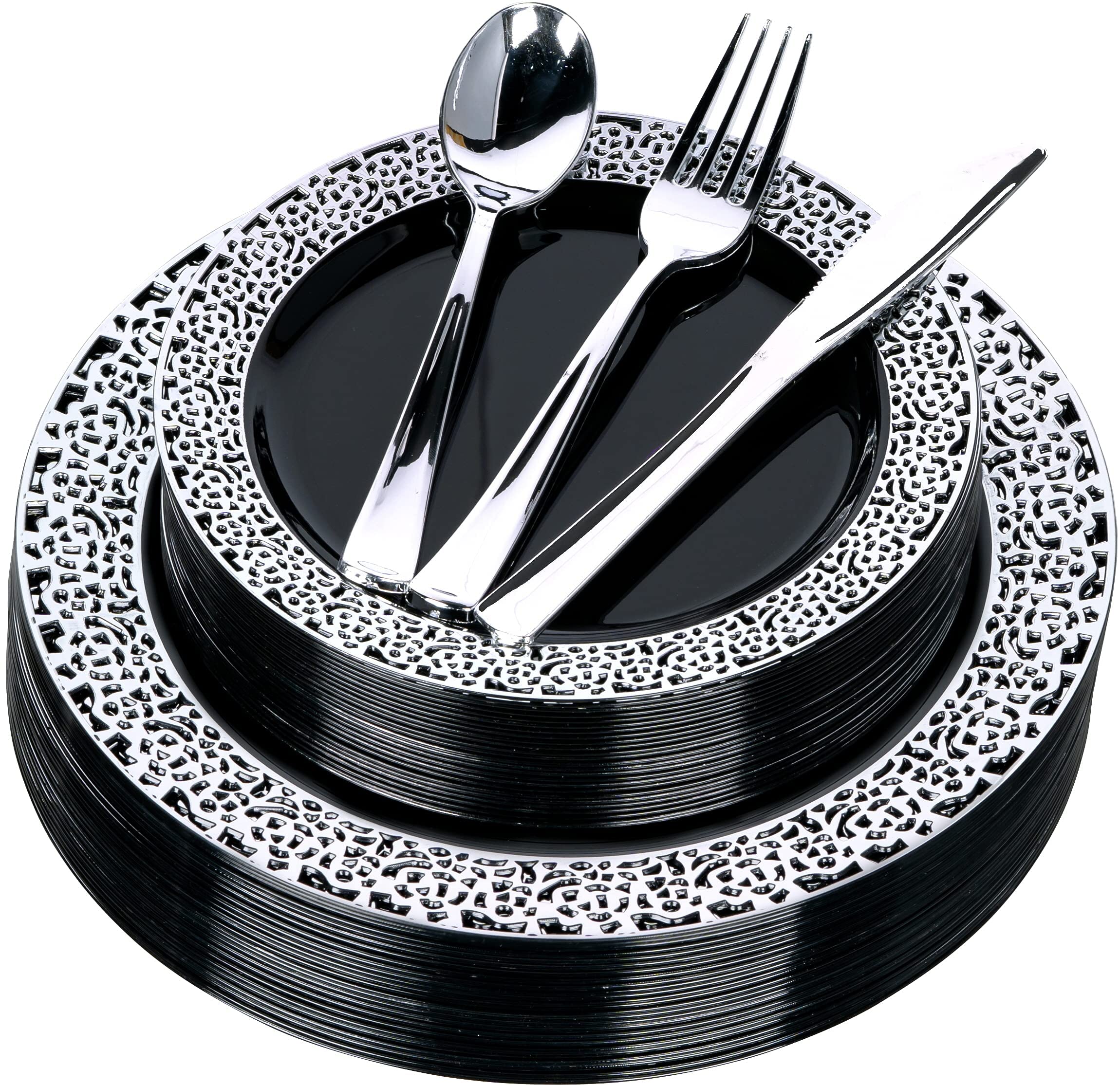 FOMOICA 125-Piece Premium Disposable Plastic Dinnerware Set - Black & Silver Plates, Forks, Spoons, Knives - Reusable Party Tableware for Birthday, Wedding, Halloween, Christmas Celebrations - Perfect for Indoor/Outdoor Events & Holiday Gatherings