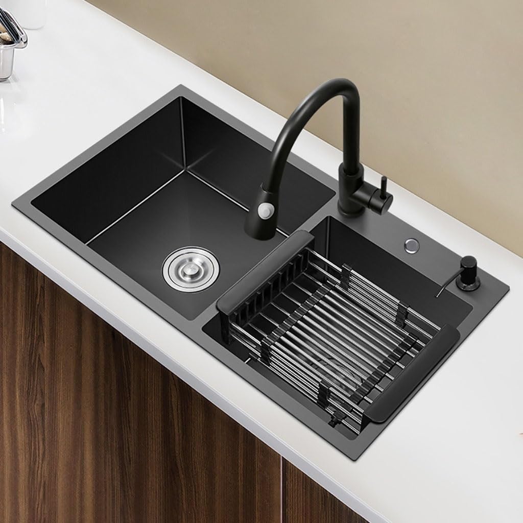 Premium 28x16x8.3 Inch Stainless Steel Undermount Double Bowl Kitchen Sink with Drain Tray - Black Nano Coating, Heavy Duty for Modern Homes - Perfect for Meal Prep, Washing Dishes & Entertaining