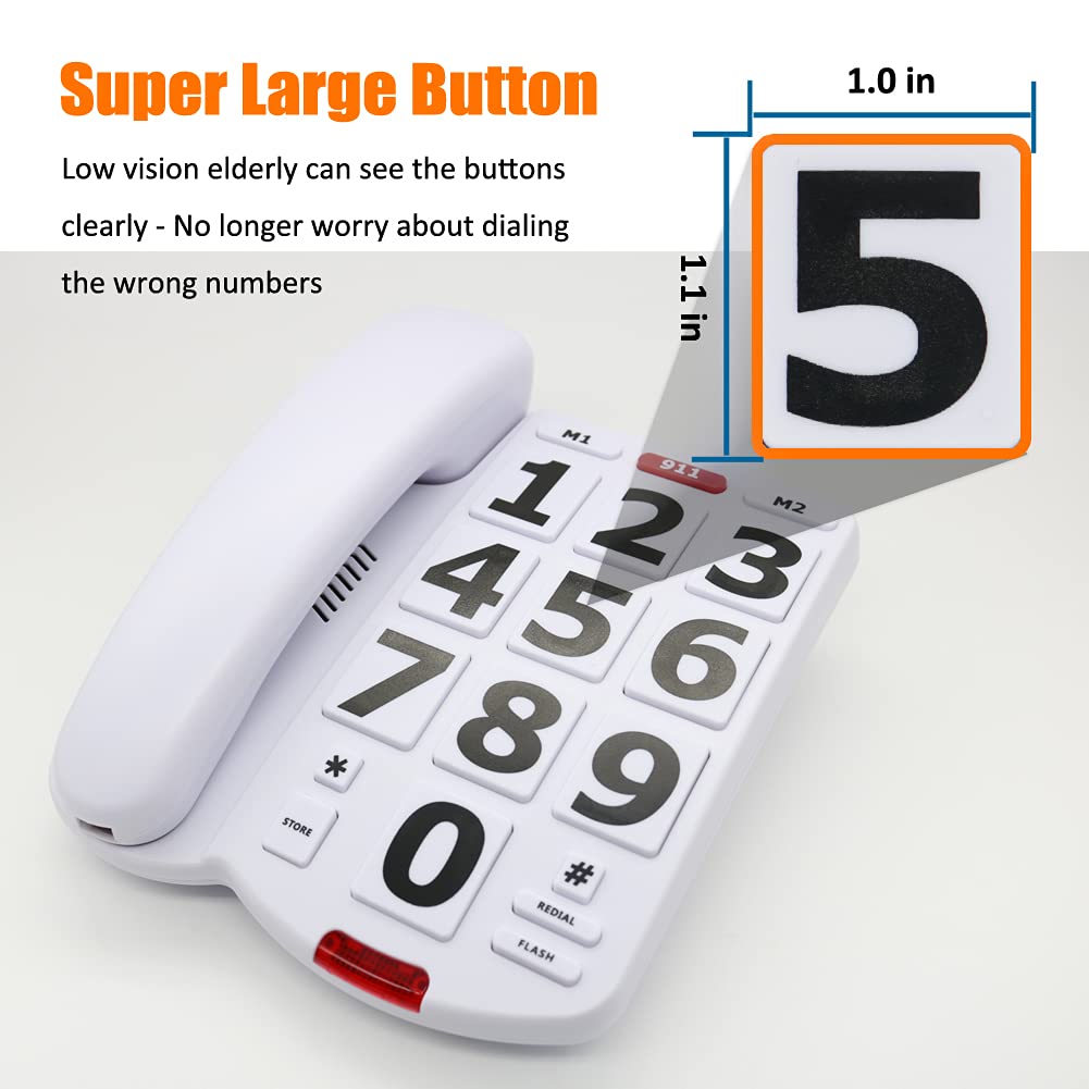 Big Button Corded Phone for Seniors - Amplified Landline Telephone with Extra Loud Ringer & Clear Sound | Easy-to-Use Home Phone for Elderly, Hearing & Visually Impaired | Perfect for Bedroom, Kitchen & Home Office Use