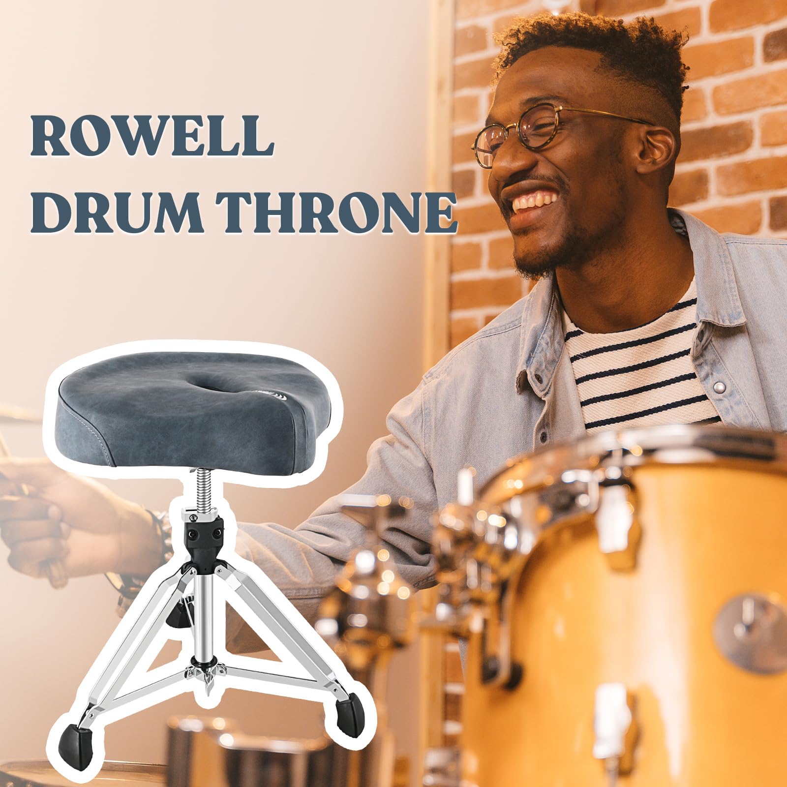 ROWELL Heavy Duty Drum Throne Seat - Adjustable Height Drum Stool with Air Guide Holes, Breathable Motorcycle Style Throne for Drummers (Adults & Kids) - Perfect for Live Performances, Studio Recording & Drum Practice - Textured Blue