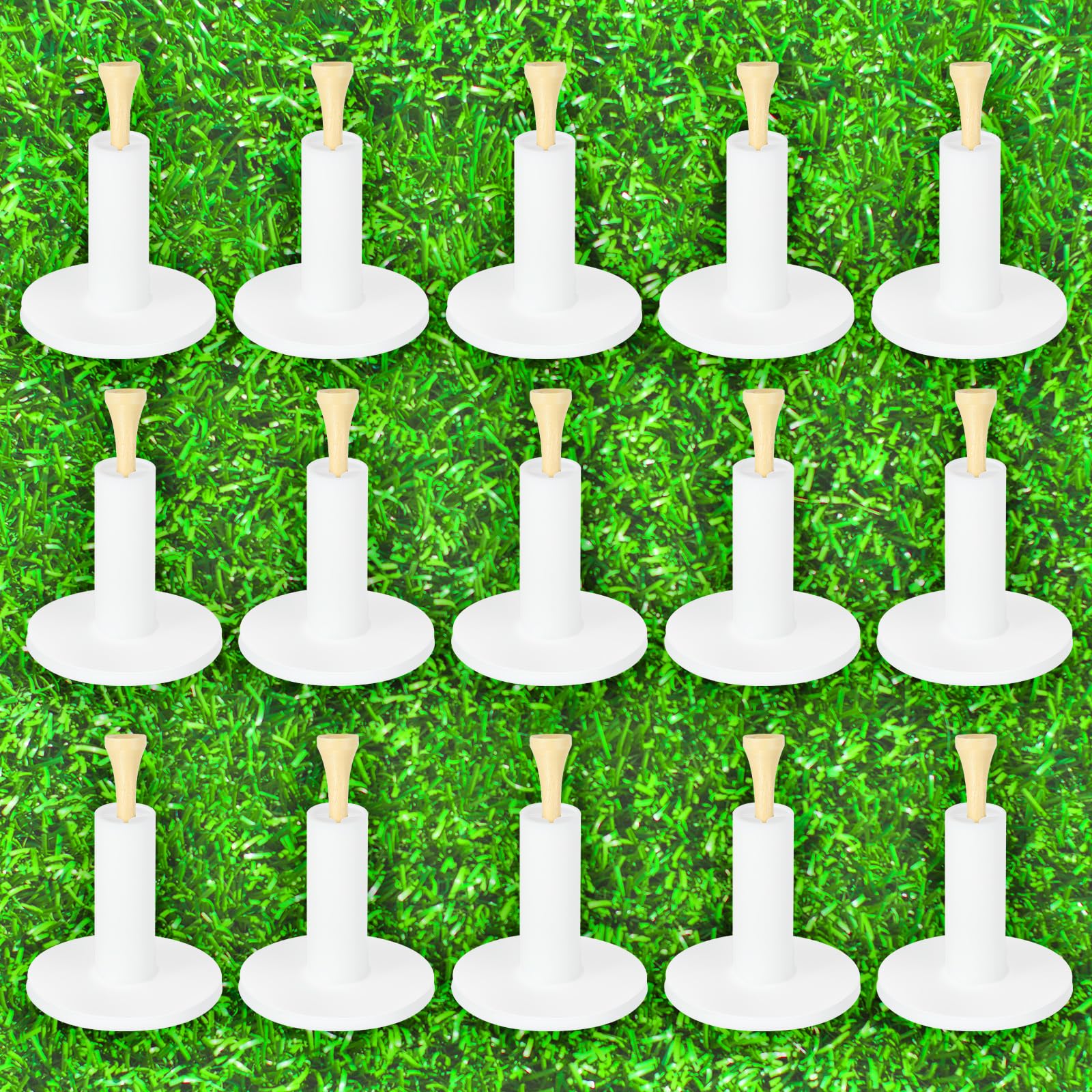 15 Pack Golf Rubber Tee Holder Set with Bamboo Tees - 1.5 Inch for Driving Range, Indoor & Outdoor Golf Practice Mats - Perfect for Backyard Training, Golf Course Warm-ups & Home Putting Greens