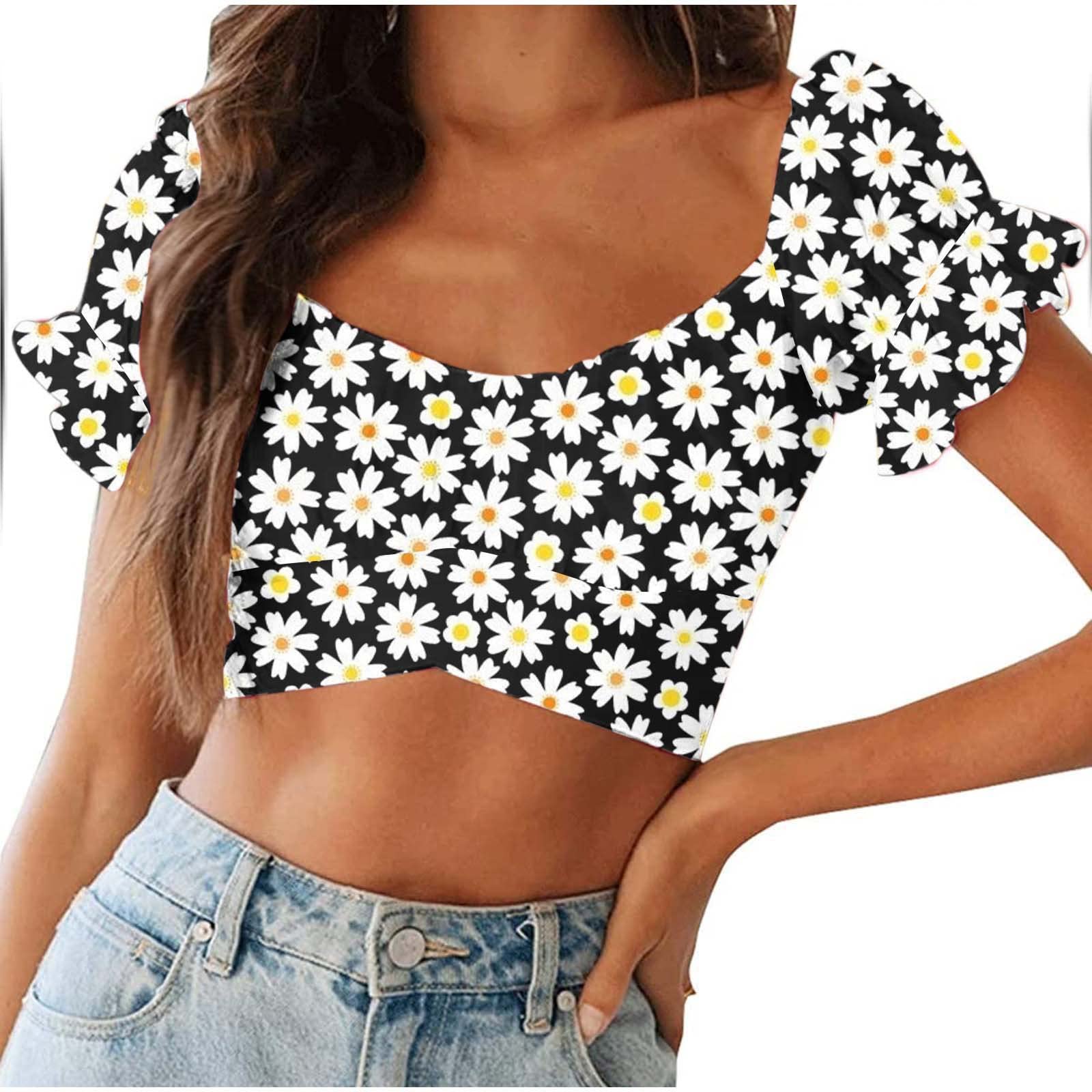 Funny Graphic Print Flared Sleeve Tie-Off Shoulder Crop Top - Women's Casual Short Sleeve Blouse for Summer Outfits, Parties & Streetwear Fashion