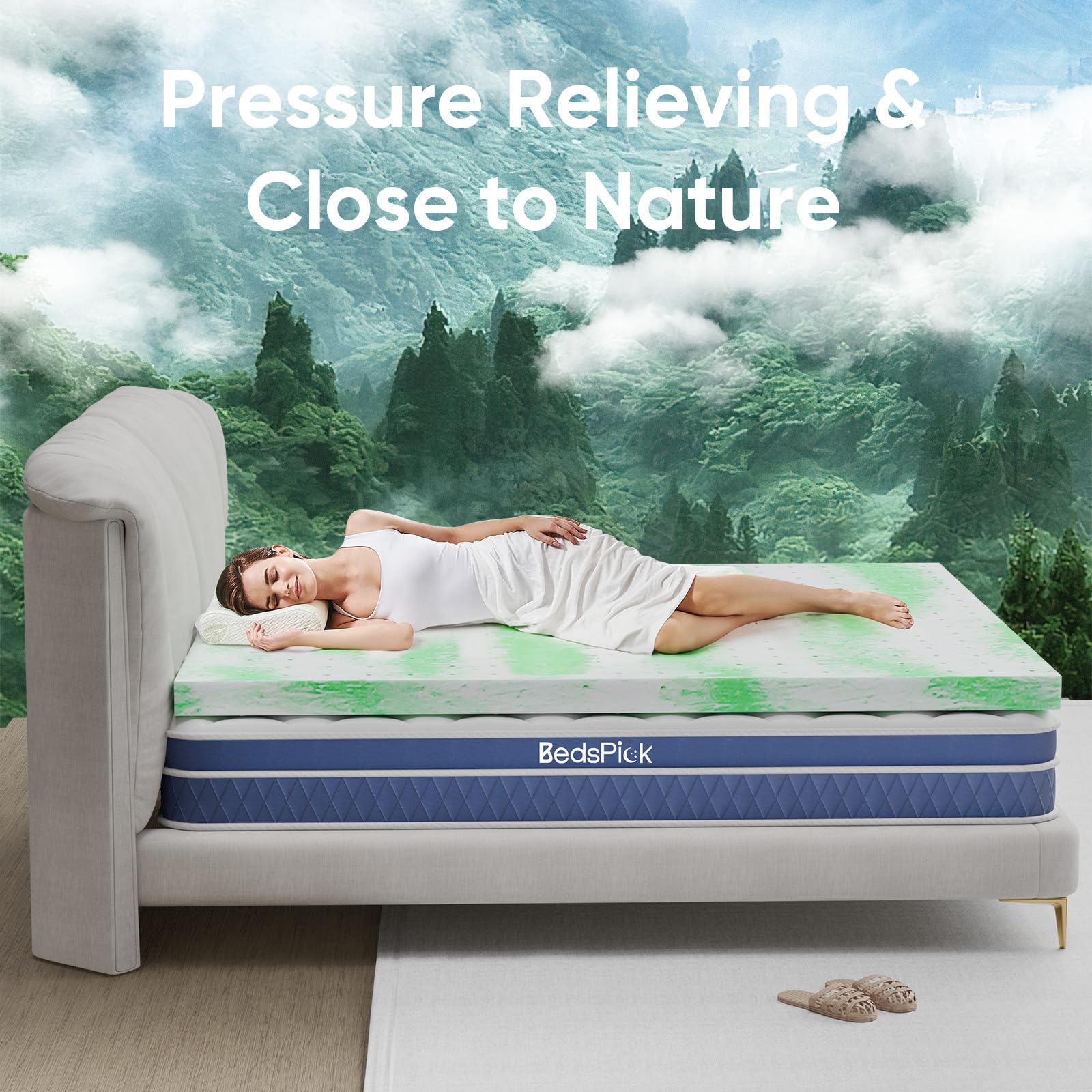 BedsPick 2 Inch Green Tea Memory Foam Mattress Topper Twin Size - Gel Infused Cooling Bed Topper for Twin Beds, Sleeper Sofas, RVs & Campers - CertiPUR-US Certified for Comfort & Support - Perfect for Hot Sleepers & Pressure Relief