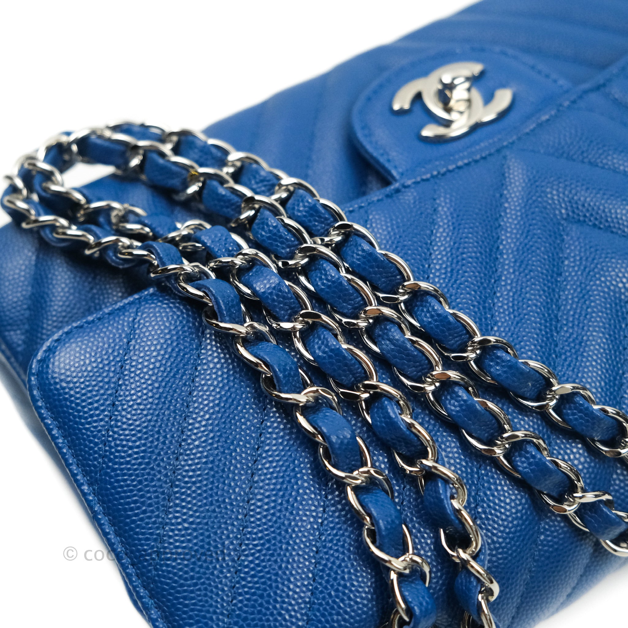 Chanel Classic Chevron M/L Medium Double Flap Bag in Blue Caviar Leather with Silver Hardware - Perfect for Work, Evening Events & Luxury Fashion Accessories