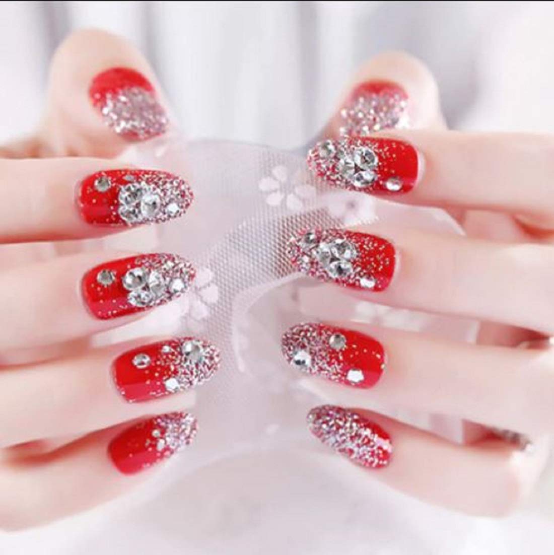 VIKSON INTERNATIONAL 24 Pcs Press On Nails - Red Silver Glitter Fake Nails with Rhinestones, Glossy Round Tip Artificial Nail Extensions Set with Pre-Glued Adhesive & Nail Application Kit | Perfect for Women & Girls | Great for Parties, Weddings & Special Occasions