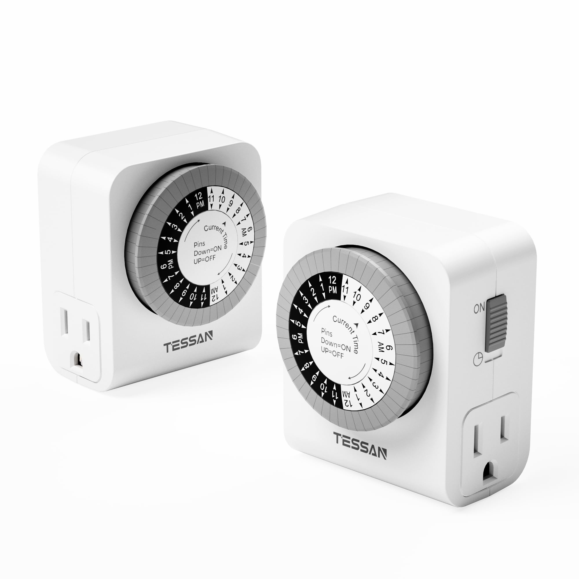 TESSAN 24-Hour Mechanical Outlet Timer with Dual 3-Prong Sockets - 30-Minute Intervals for Lamps, Christmas Lights & Fans - Indoor Electrical Plug Timer (2 Pack) - Perfect for Home, Office & Holiday Decorations