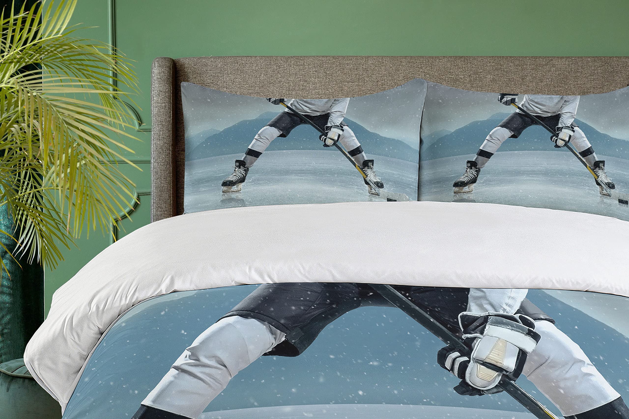 Ambesonne Ice Hockey Player Duvet Cover Set - King Size 3-Piece Bedding with 2 Pillow Shams, Charcoal Grey & White Design - Perfect for Sports Fans Bedroom Decor & Hockey Theme Room Accessories