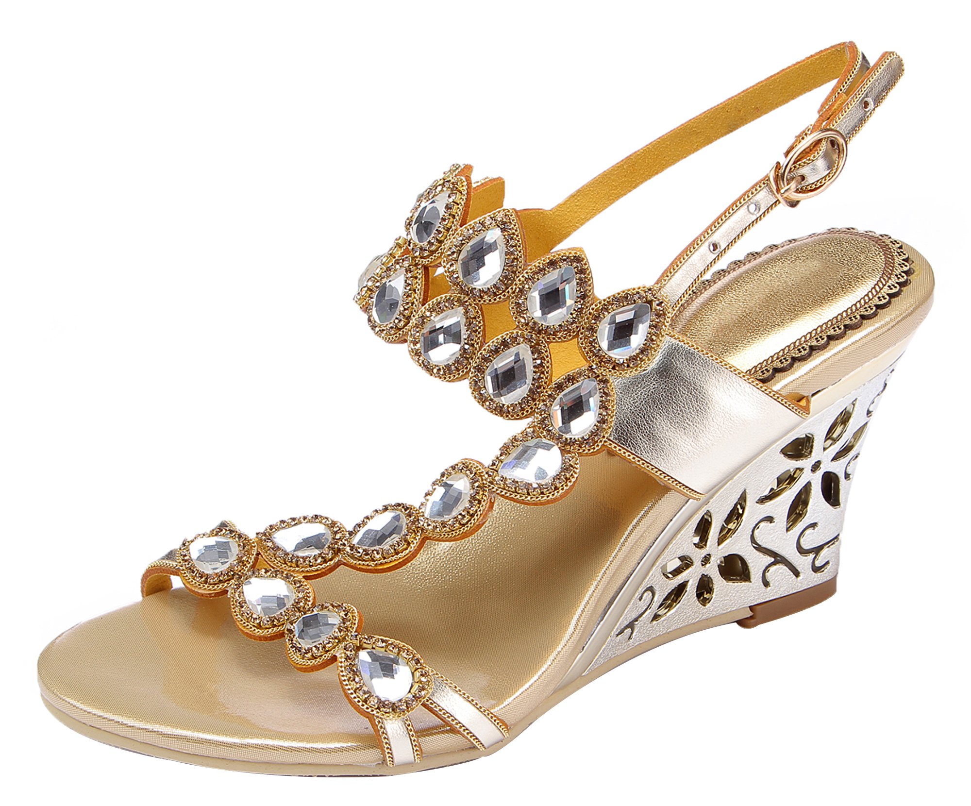 Honeystore Women's Rhinestone Strappy Wedge Sandals with Water Pattern - Comfortable Summer Beach Shoes for Casual Outings & Vacation Wear