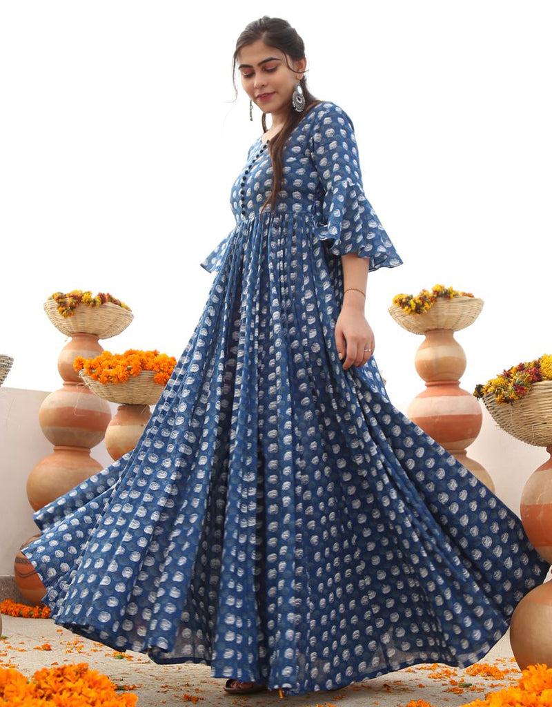 Blue Bayoux Pure Ab Cotton All-Season Designer Gown with Heavy Digital Print - Elegant & Comfortable for Parties, Weddings & Special Occasions