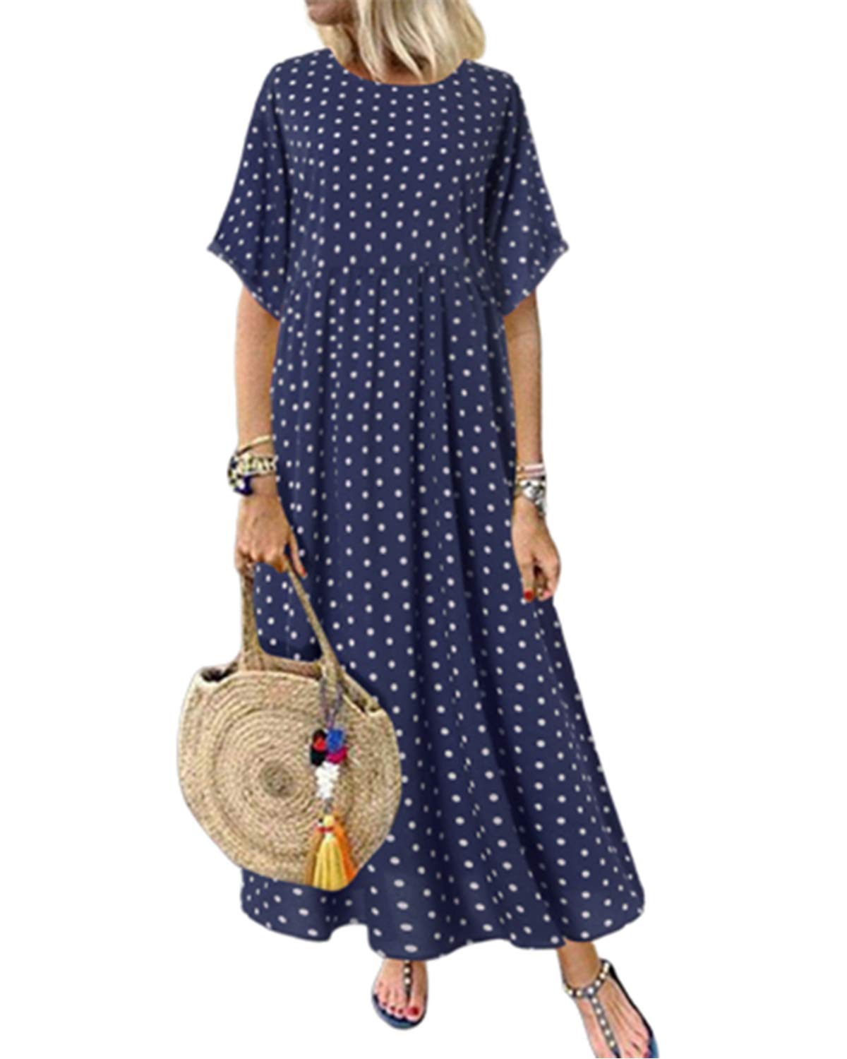 SunnyMe Women's Short Sleeve Polka Dot Maxi Dress - Soft Maternity Summer Beach Dress for Pregnancy, Vacation & Outdoor Activities