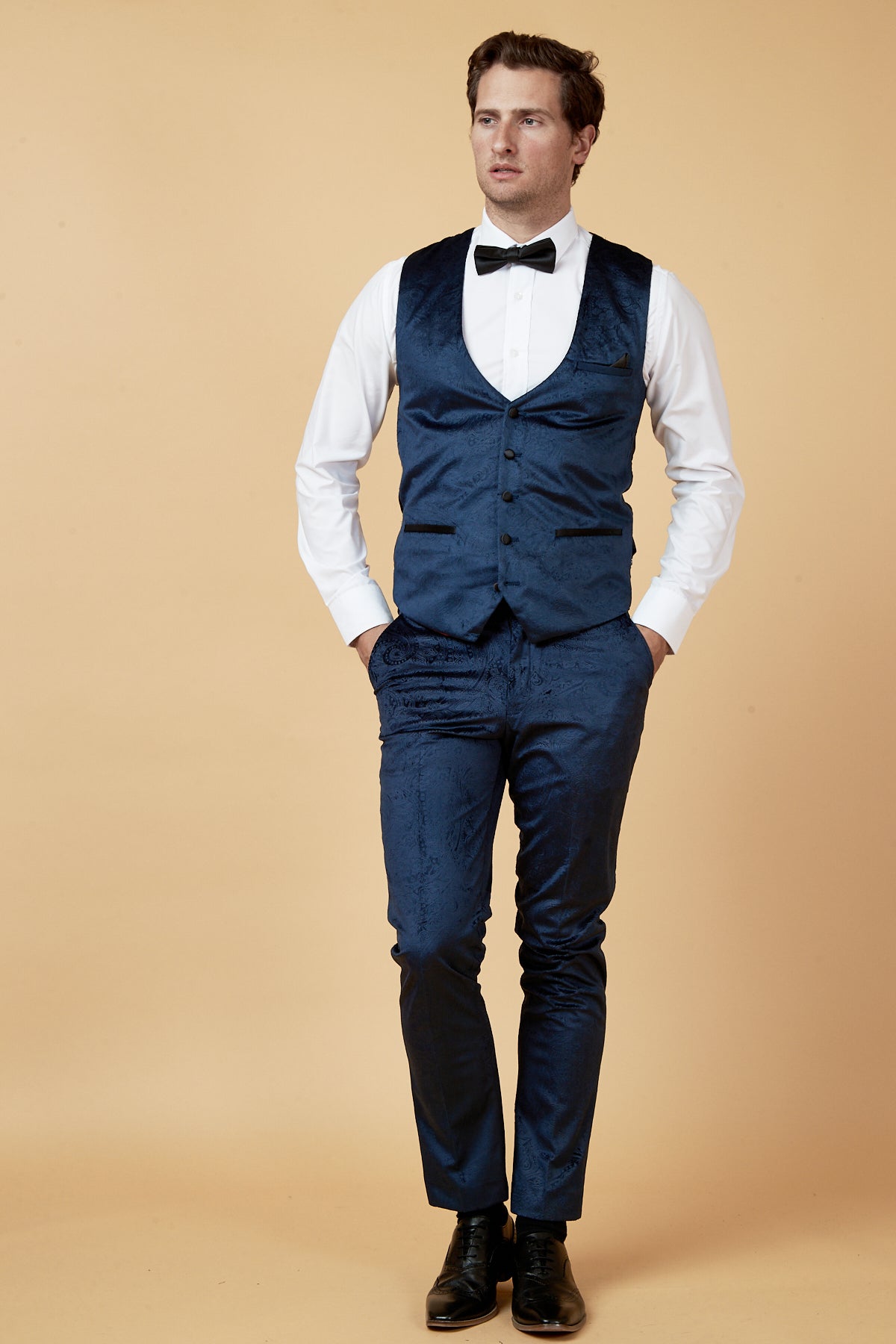 SIMON Navy Velvet Jacquard Three Piece Suit for Men | Formal Business Attire | Wedding & Special Occasion Outfit