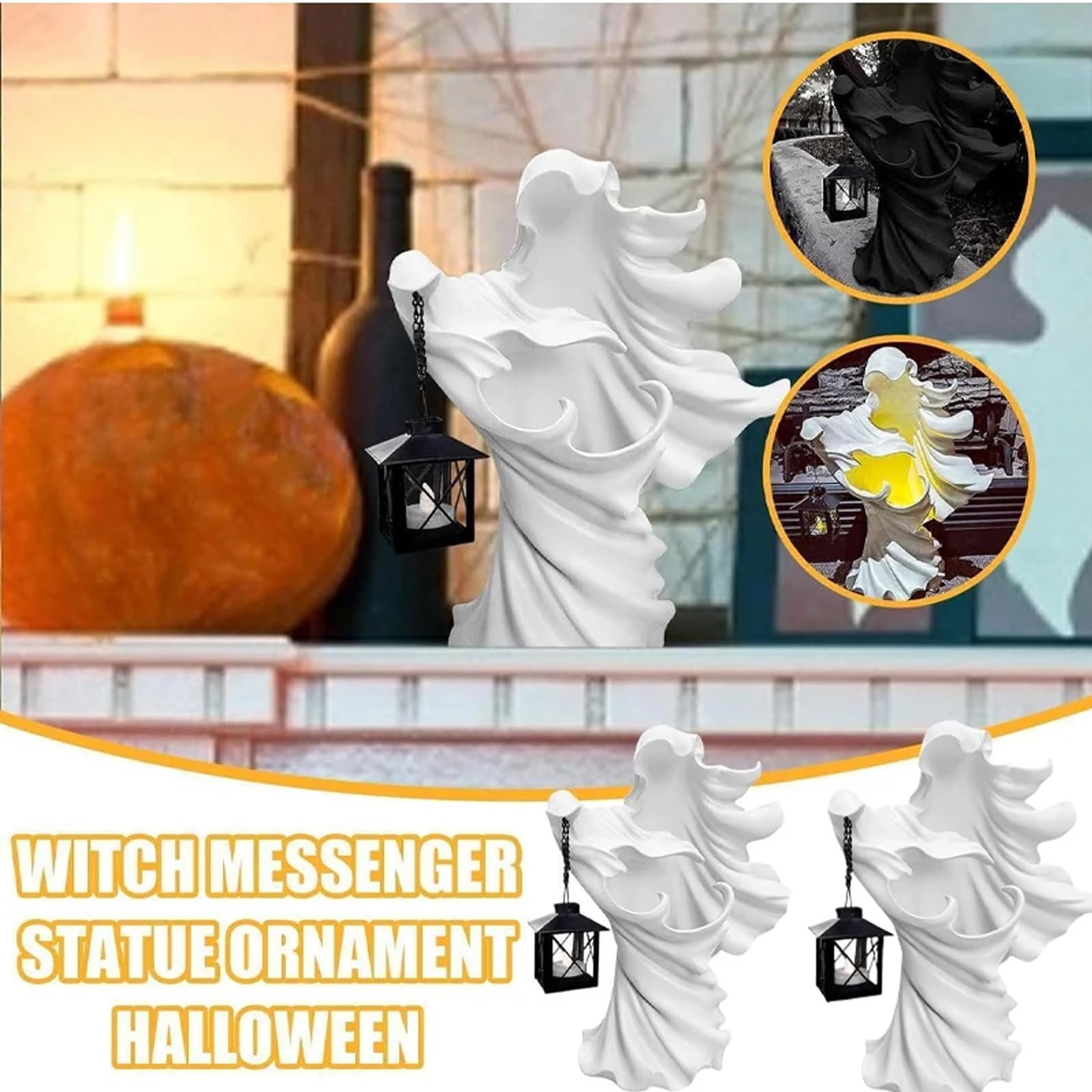 Halloween Cracker Barrel Ghost Decor with LED Lantern - Scary Witch Statue for Holiday Yard & Garden Decoration (Knight Black) - Perfect for Spooky Home Decor, Haunted House Parties, and Halloween Outdoor Displays