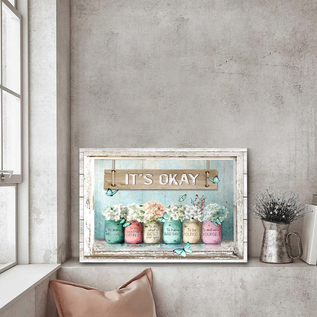Inspiring Bible Verse Canvas Wall Art - 'It's Okay' Motivational Decor with Mason Jars & Butterflies on Teal Background - Perfect for Bedroom, Bathroom, Office & Home Decor (16x20 Inches) - Great for Stress Relief, Meditation Spaces & Christian Gift Giving