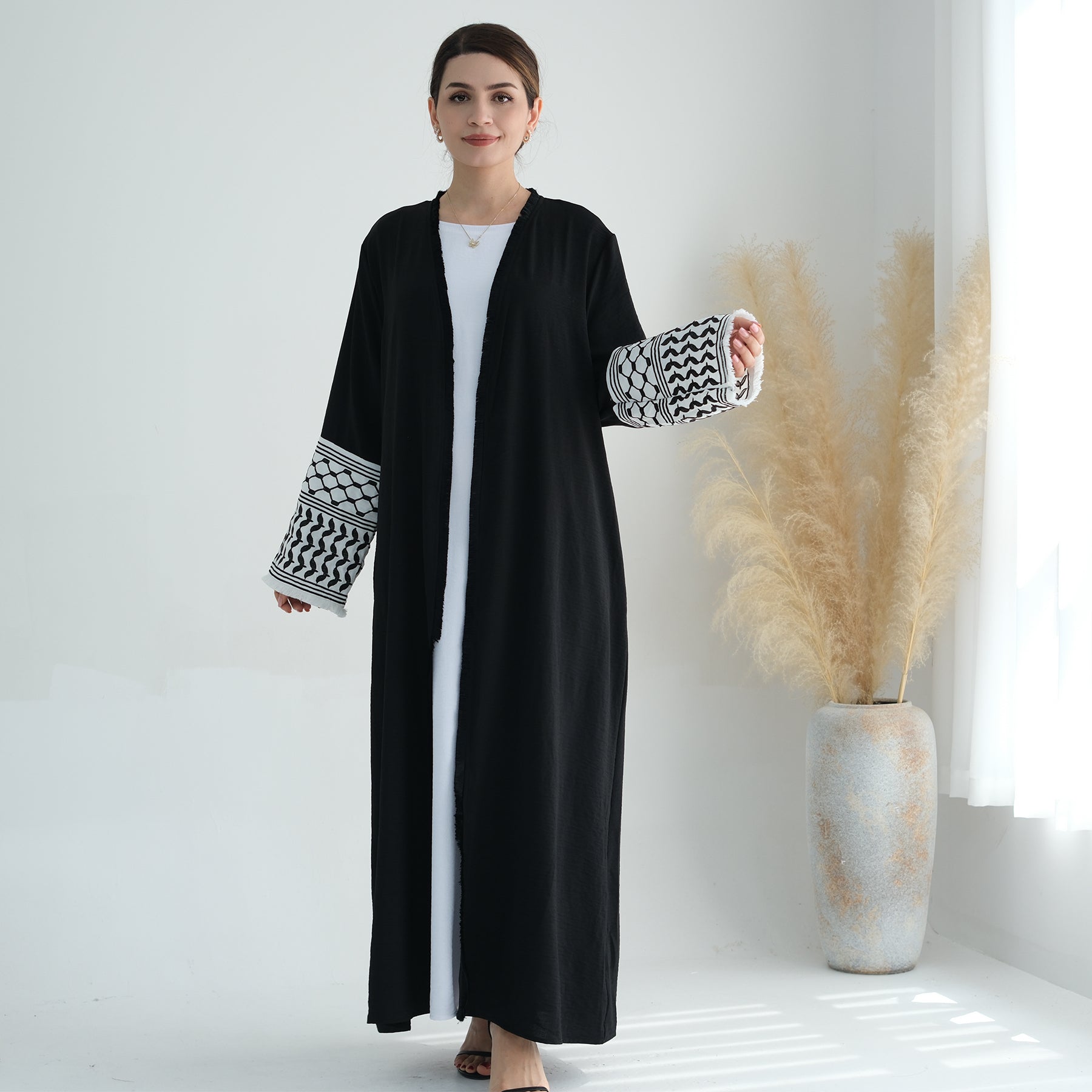 Elegant Black Kufiya Open Abaya Set - Modest Muslim Prayer Dress for Women | Perfect for Eid, Ramadan & Special Occasions