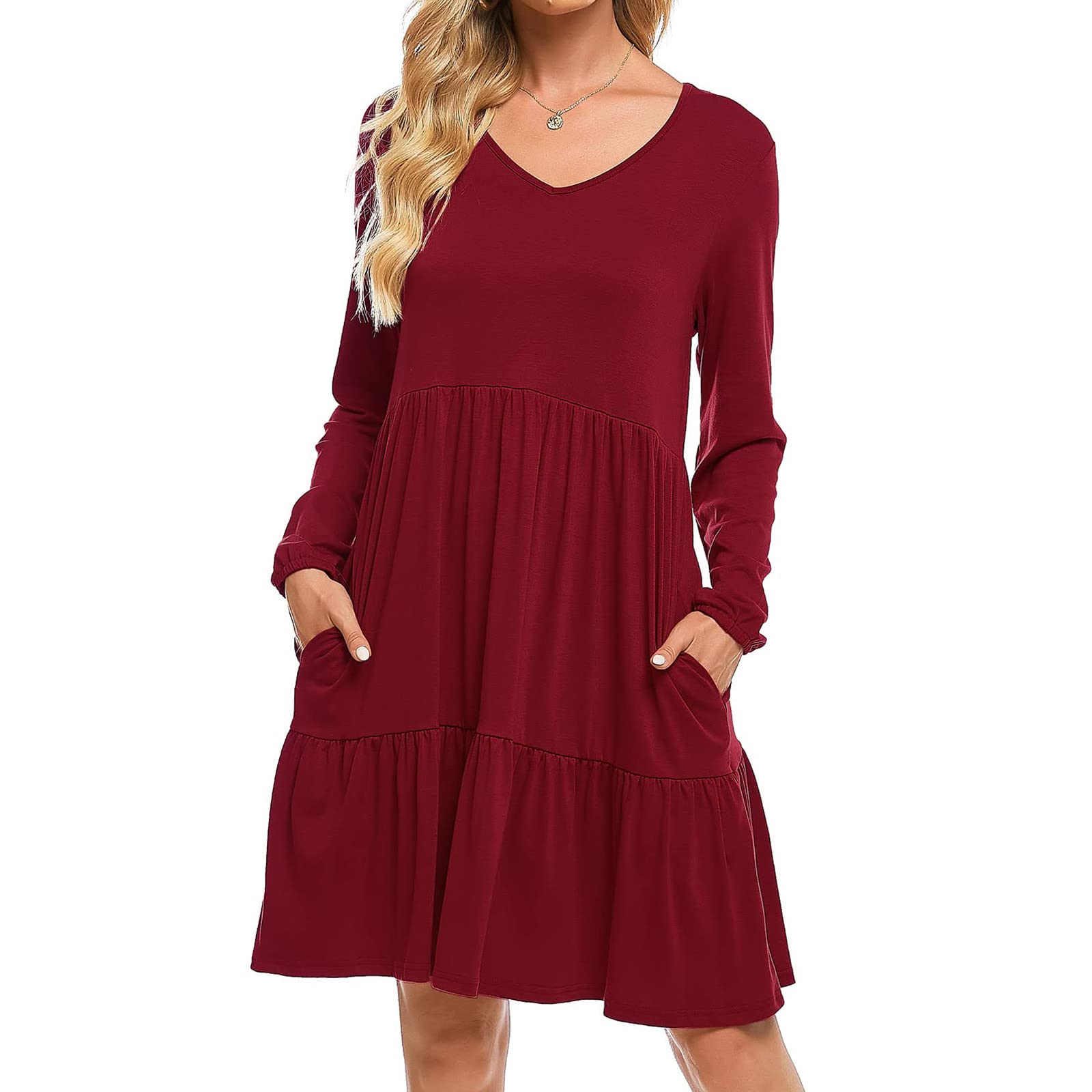 FMCHICO Women's Casual Long Sleeve V-Neck Dress with Pockets - Summer Beach Dress, Party Wear & Everyday Outfit