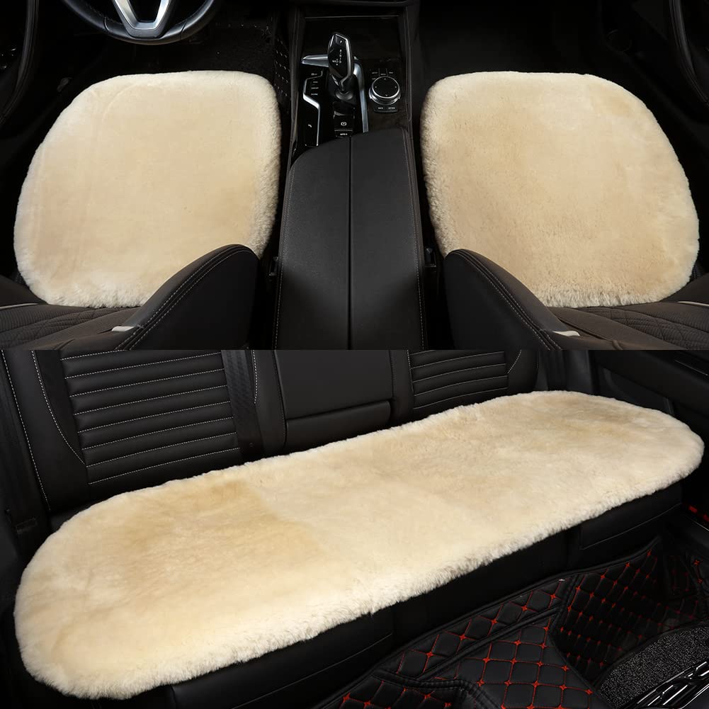 Premium Genuine Sheepskin Car Seat Cushion Set - 3-Piece Comfort Pad for Cars, Trucks & SUVs | Breathable Seat Protector Cover for Driver & Passenger | Luxury Car Accessories (Pearl White) | Perfect for Long Drives, Road Trips & Daily Commute