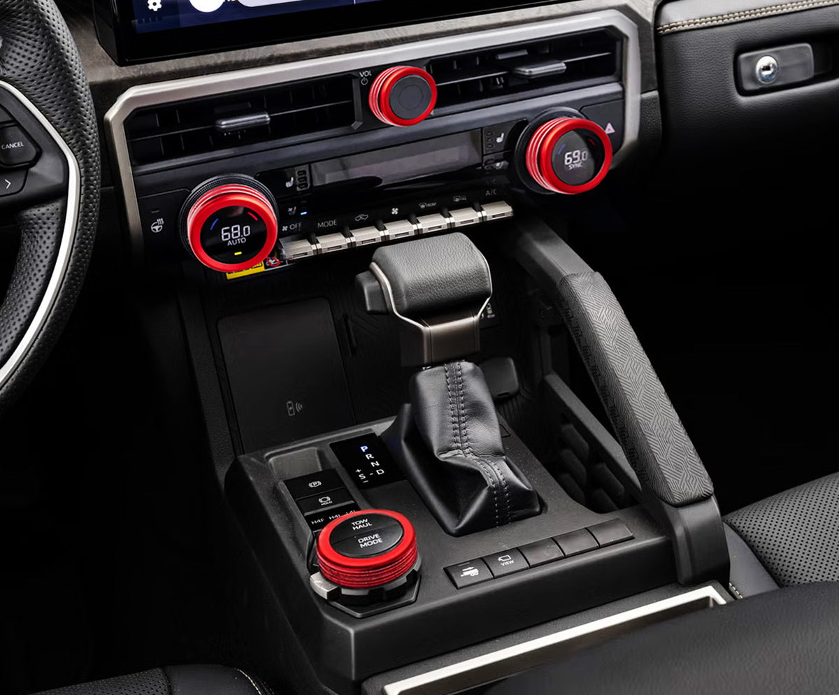 4-Piece Red Drive Mode & Volume/AC Knob Covers for 2024+ Toyota Tacoma & 2025+ 4Runner - 14-Inch Touchscreen Protection - Perfect for Off-Roading & Daily Commuting