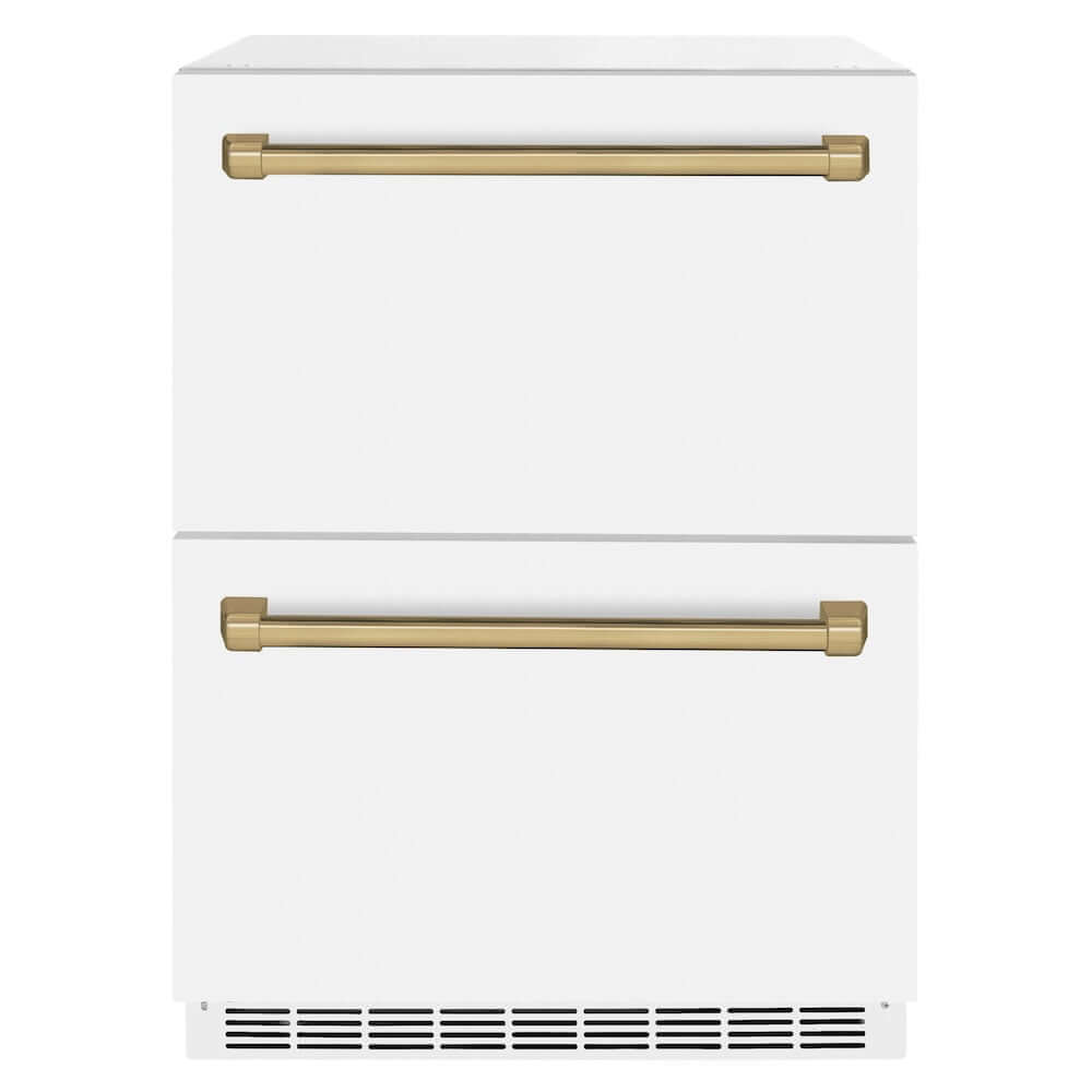 ZLINE Autograph Edition 24 Inch Outdoor Rated Dual Refrigerator Drawer - 168 Can Capacity, White Matte Doors with Champagne Bronze Handles (RDSOZ WM 24 CB) - Perfect for Outdoor Kitchens, Patios, and Entertaining Areas