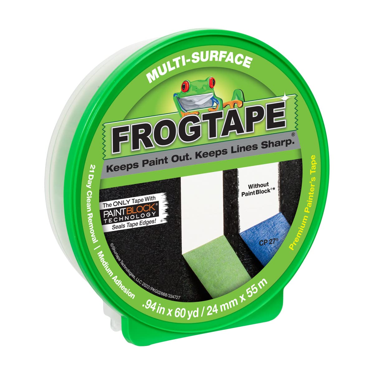 FrogTape Multi-Surface Painters Tape 1 Inch Wide - Medium Adhesion Green Paint Blocking Tape (0.94 In. x 60 Yds, 14 Rolls) - Perfect for Home Painting, DIY Projects & Professional Use