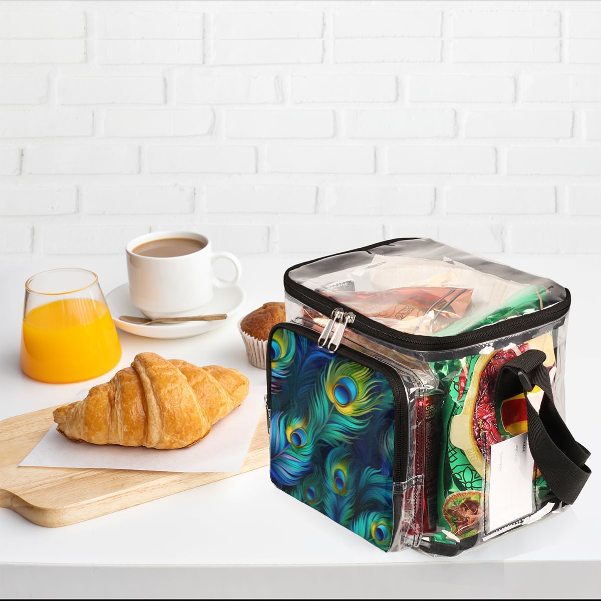 GzLeyigou Peacock Feather Clear Tote Bag with Handles - Transparent Crossbody Shoulder Bag for Lunch, Travel & Outdoor Activities | Perfect for Concerts, Picnics, Sports Events & Stadium Approved | Multi-Purpose Fashion Accessory for Women & Girls