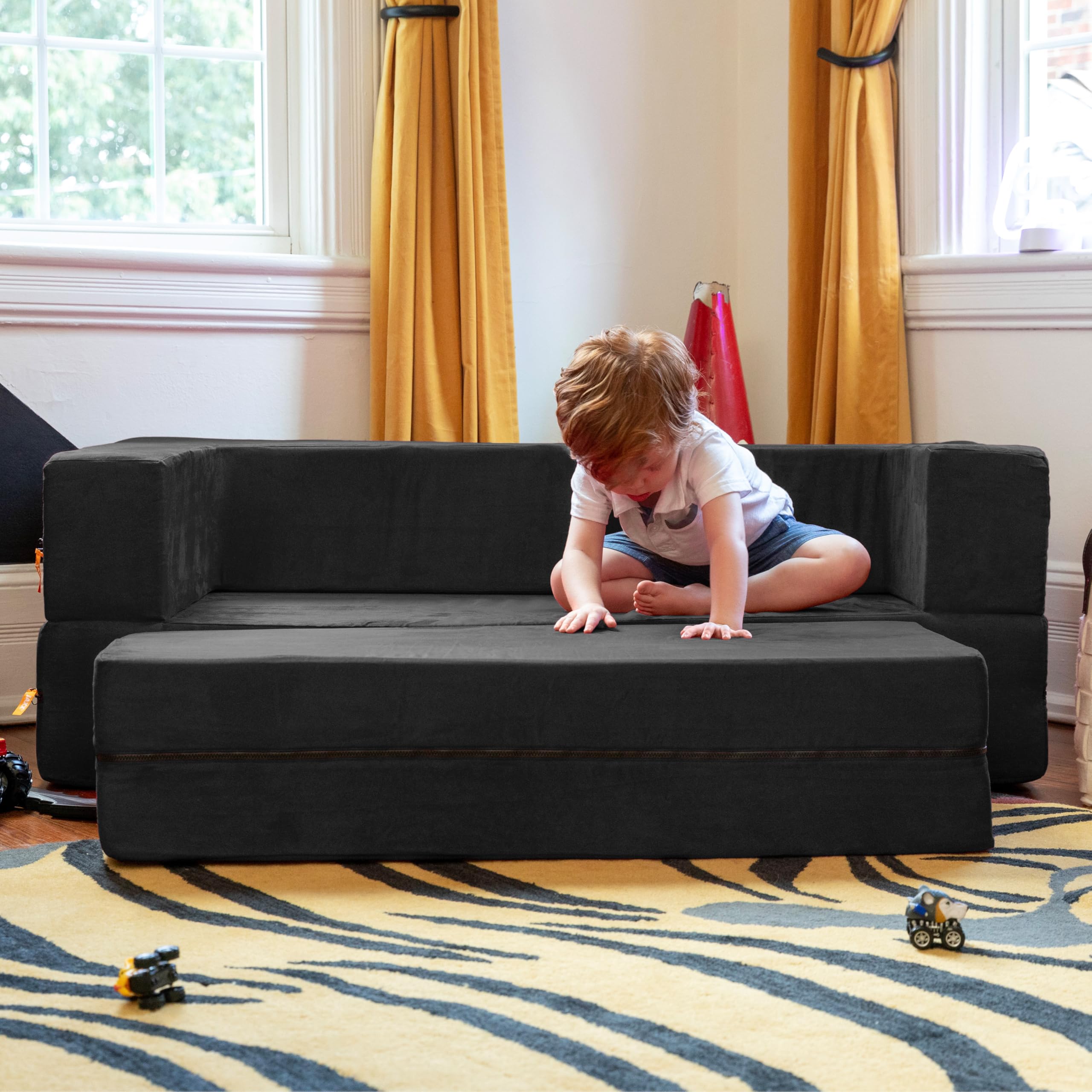 Jaxx Zipline Kids Sofa & Large Ottoman - 3-in-1 Fold Out Convertible Sofa Bed for Big Kids (Black) - Perfect for Playrooms, Bedrooms & Sleepovers