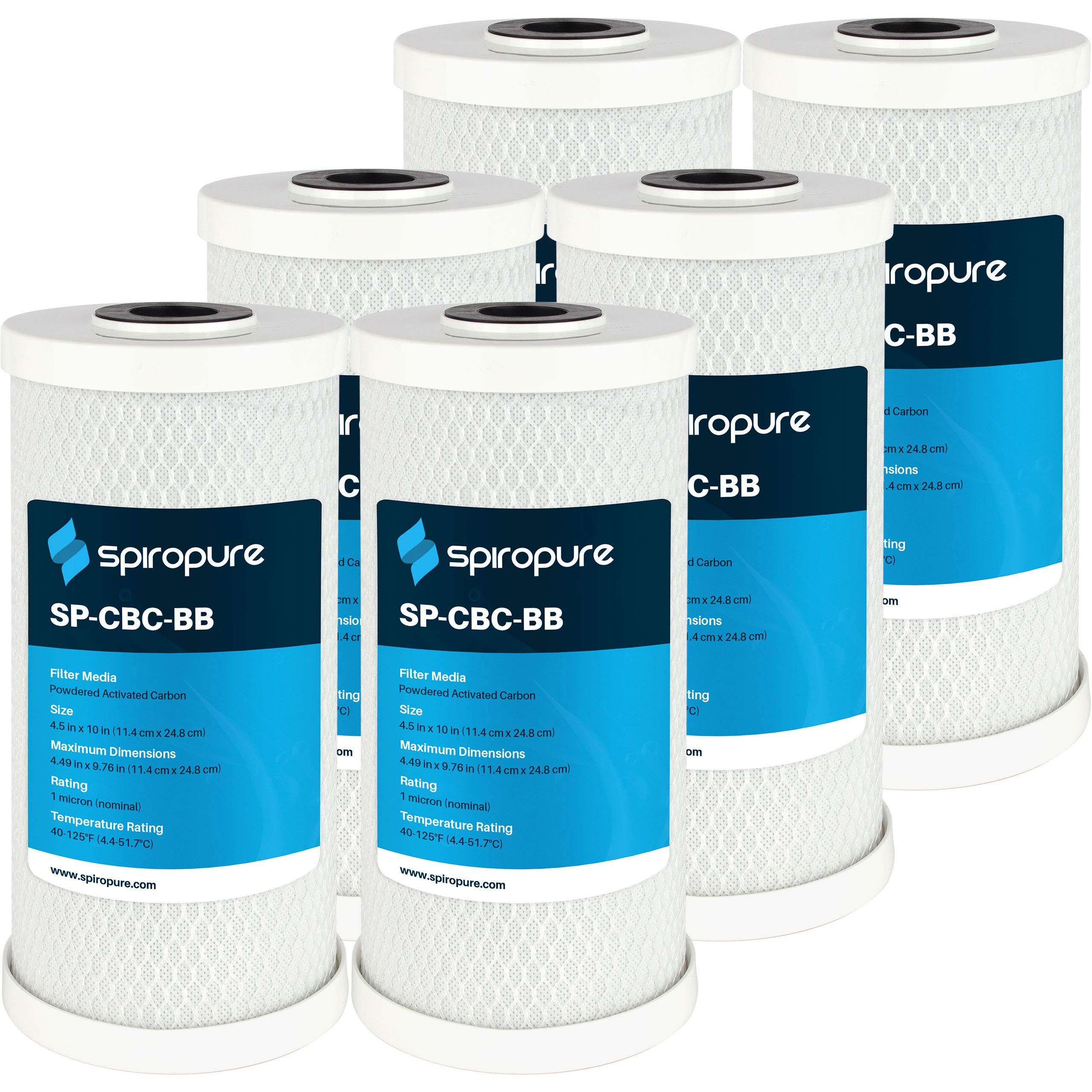 SpiroPure SP-CBC-BB 10x4.5 Inch 1 Micron NSF Certified Coconut Shell Carbon Block Water Filter Replacement Cartridge CB-45-1001 (6-Pack) - Perfect for Under Sink, Refrigerator & Whole House Water Filtration Systems