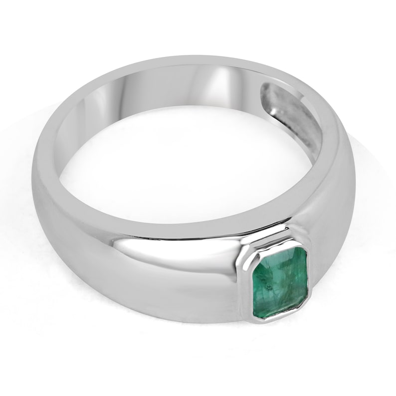 0.85ct Natural Green Emerald Solitaire Ring for Men & Women - Sterling Silver Bezel Set Vertical Unisex Ring - Perfect for Engagement, Wedding, Anniversary & Everyday Wear