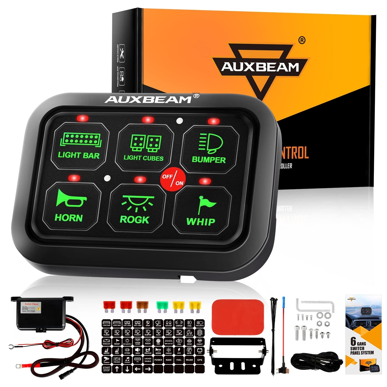 Auxbeam 6 Gang Switch Panel - Automatic Dimmable LED On/Off Car Switch Panel with Electronic Relay System - Universal Circuit Control Box for Truck, ATV, UTV, Boat, Marine, SUV - Green LED Touch Switch (Perfect for Off-Roading, Marine Applications & Vehicle Customization)
